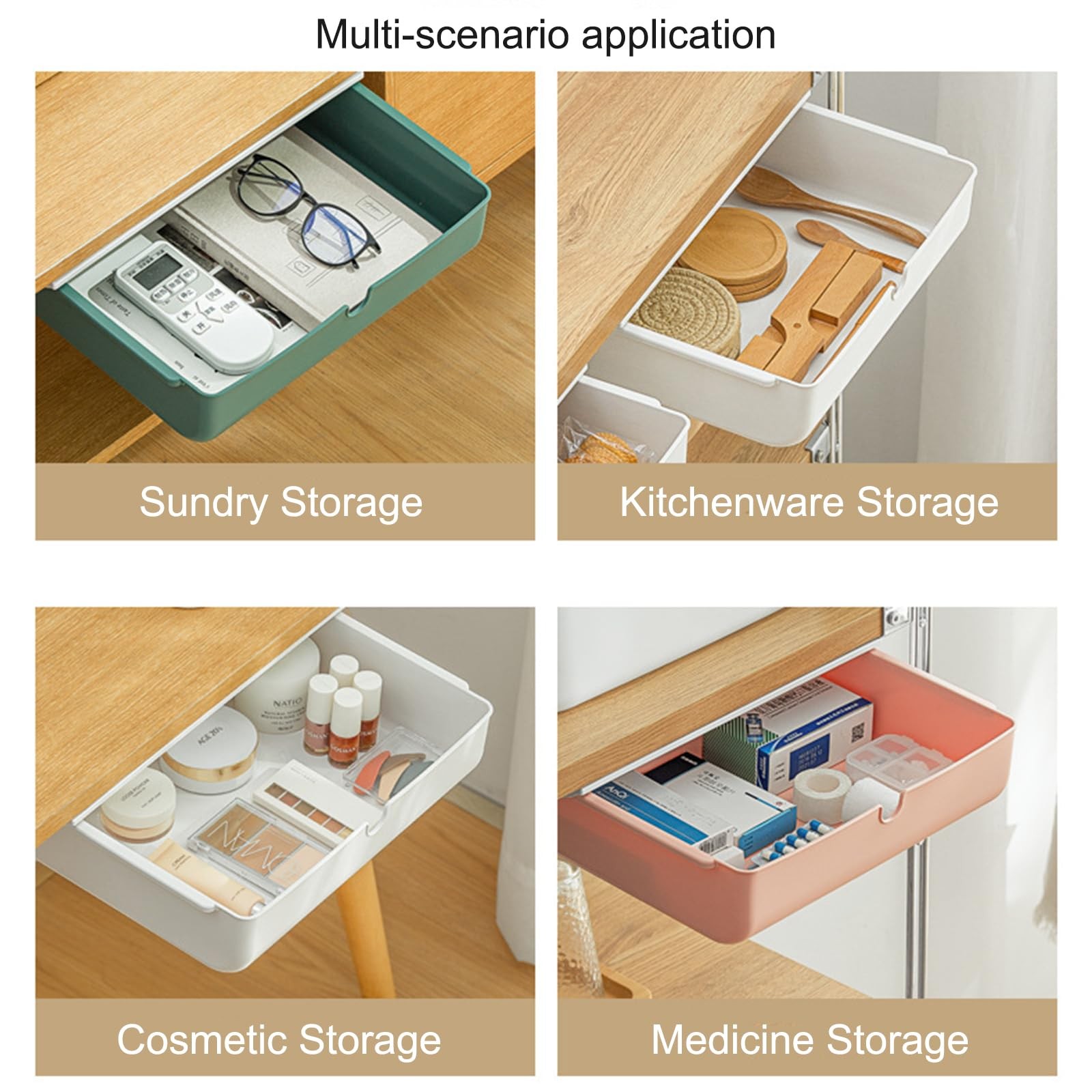 2 Pack Under Desk Drawer, Large & Medium Self-Adhesive White