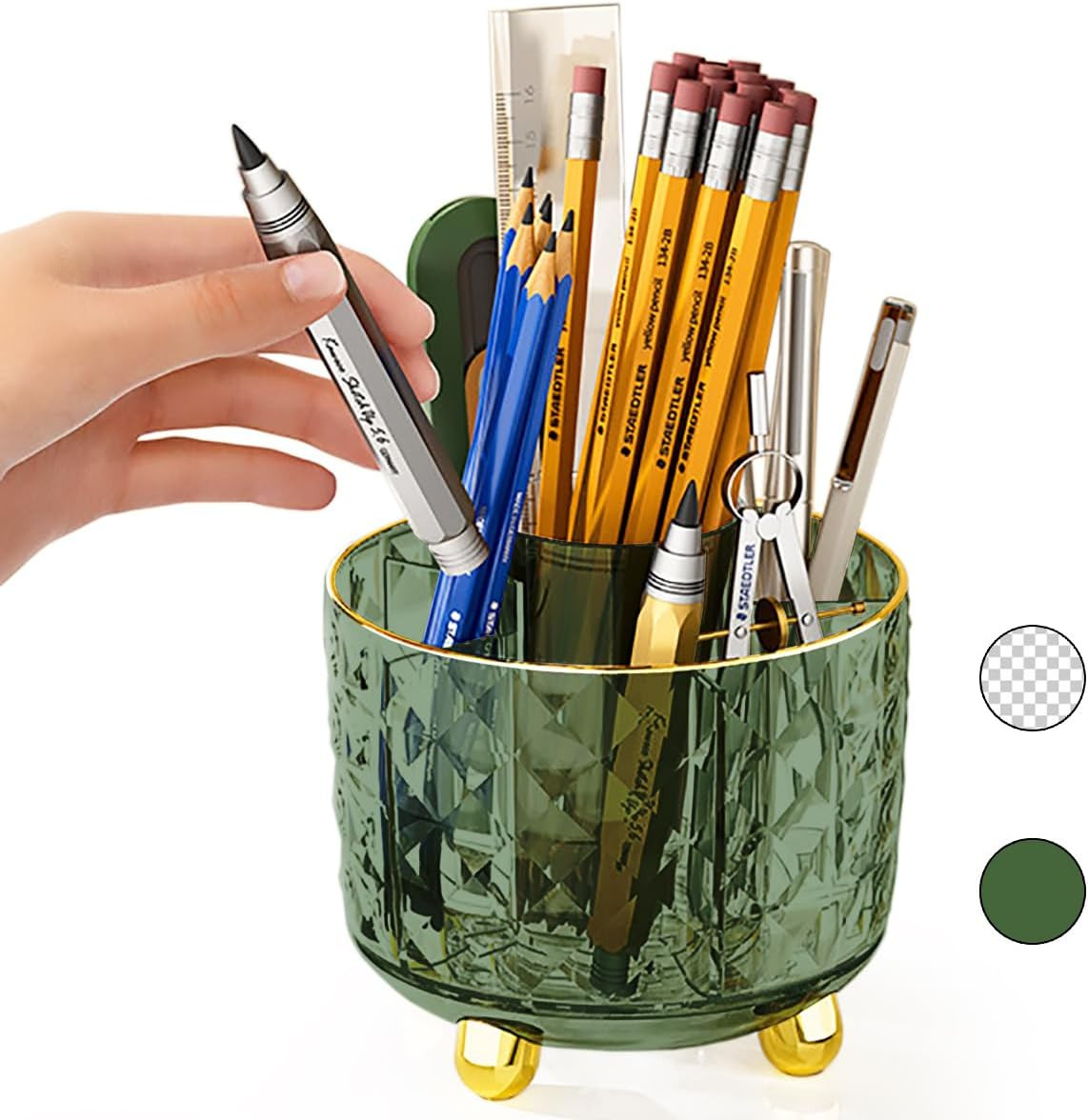 Dark Green Pen Pencil Holder for Desk, 360° Rotating Pen Organizer, Green Office