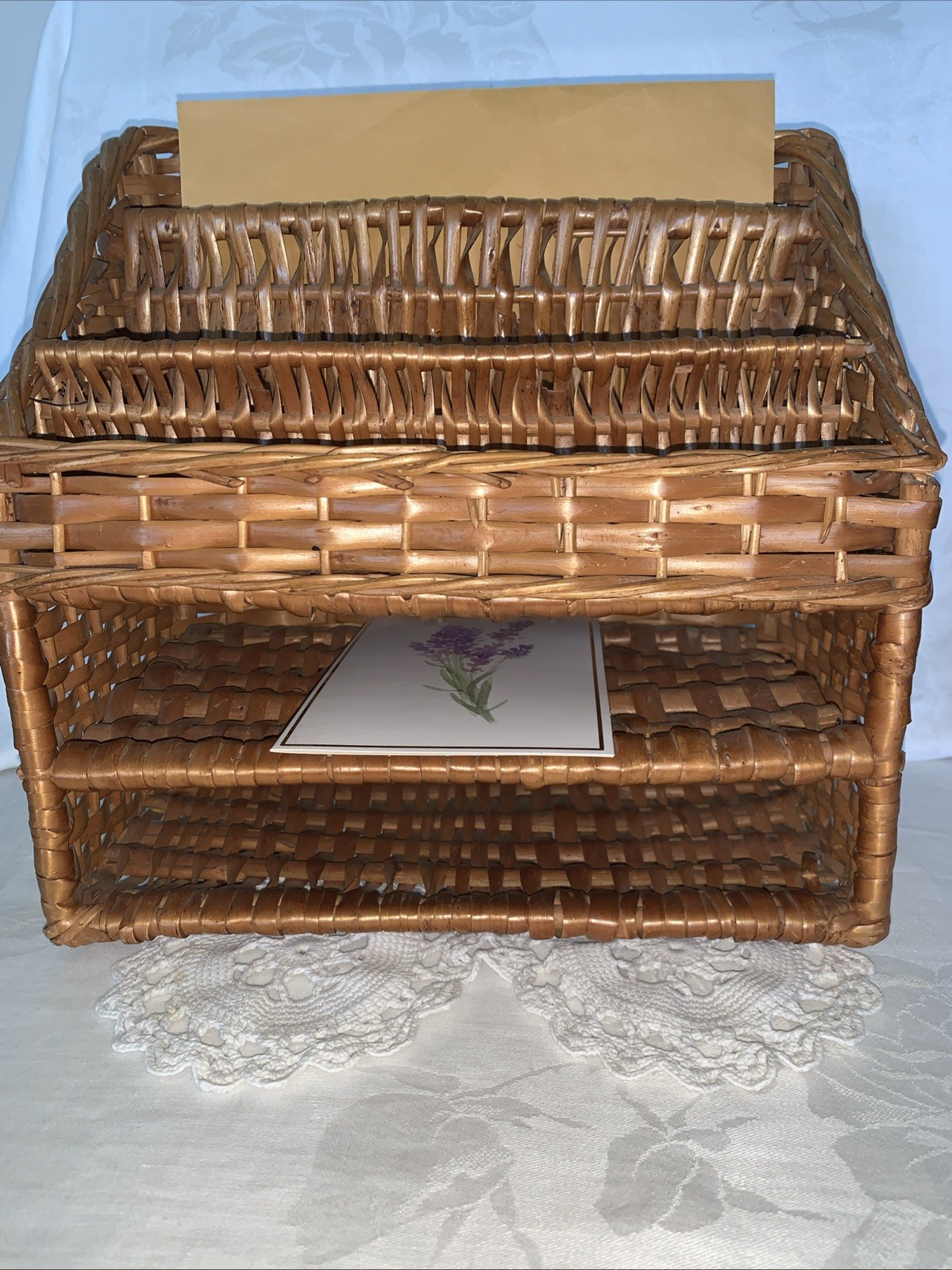 Vintage Wicker Desk Organizer Mail Letter Holder Shelf Tiered 10.5”x6”x11”