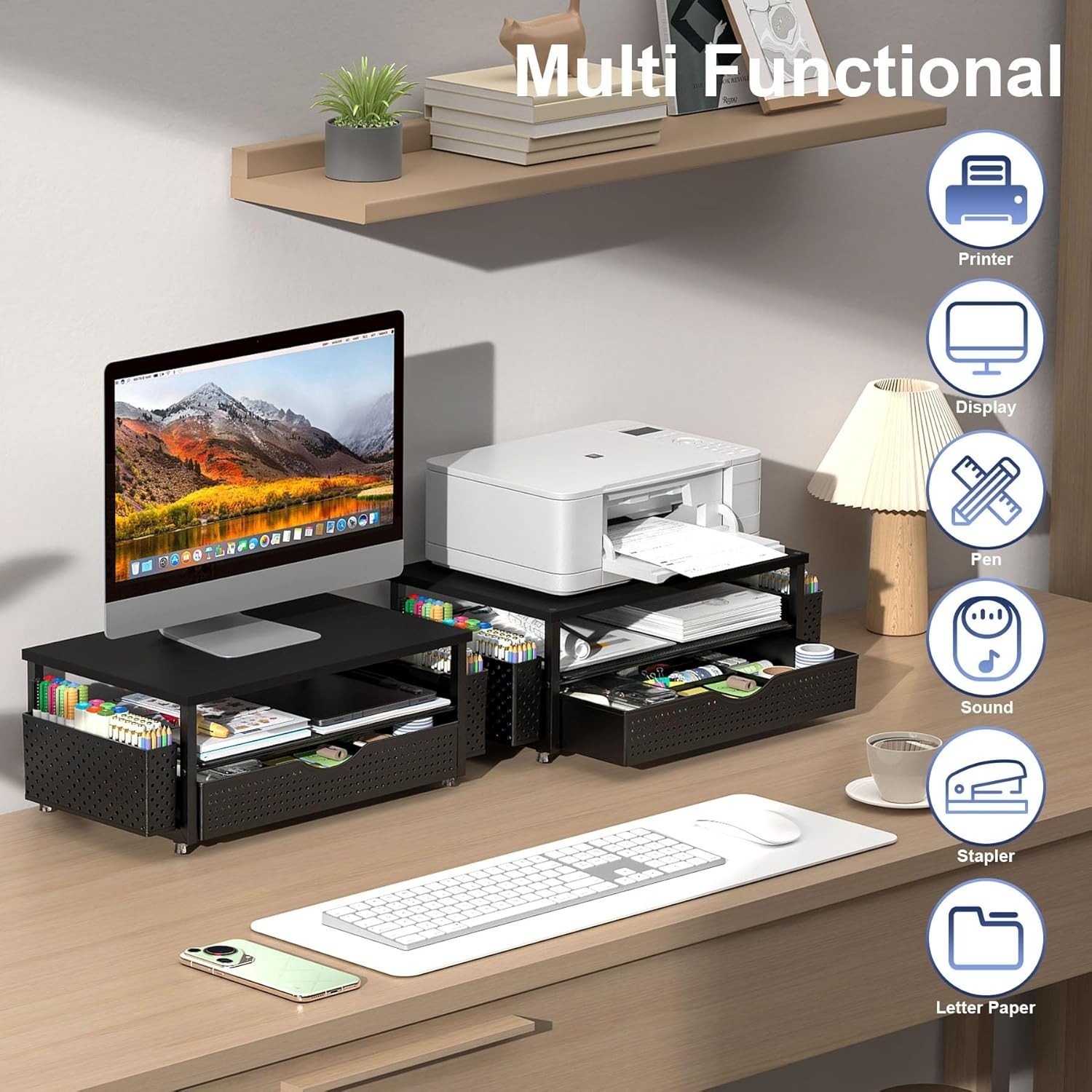 Ergonomic Black Monitor Stand with Drawer & 2 Pen Holders – Desk Organizer