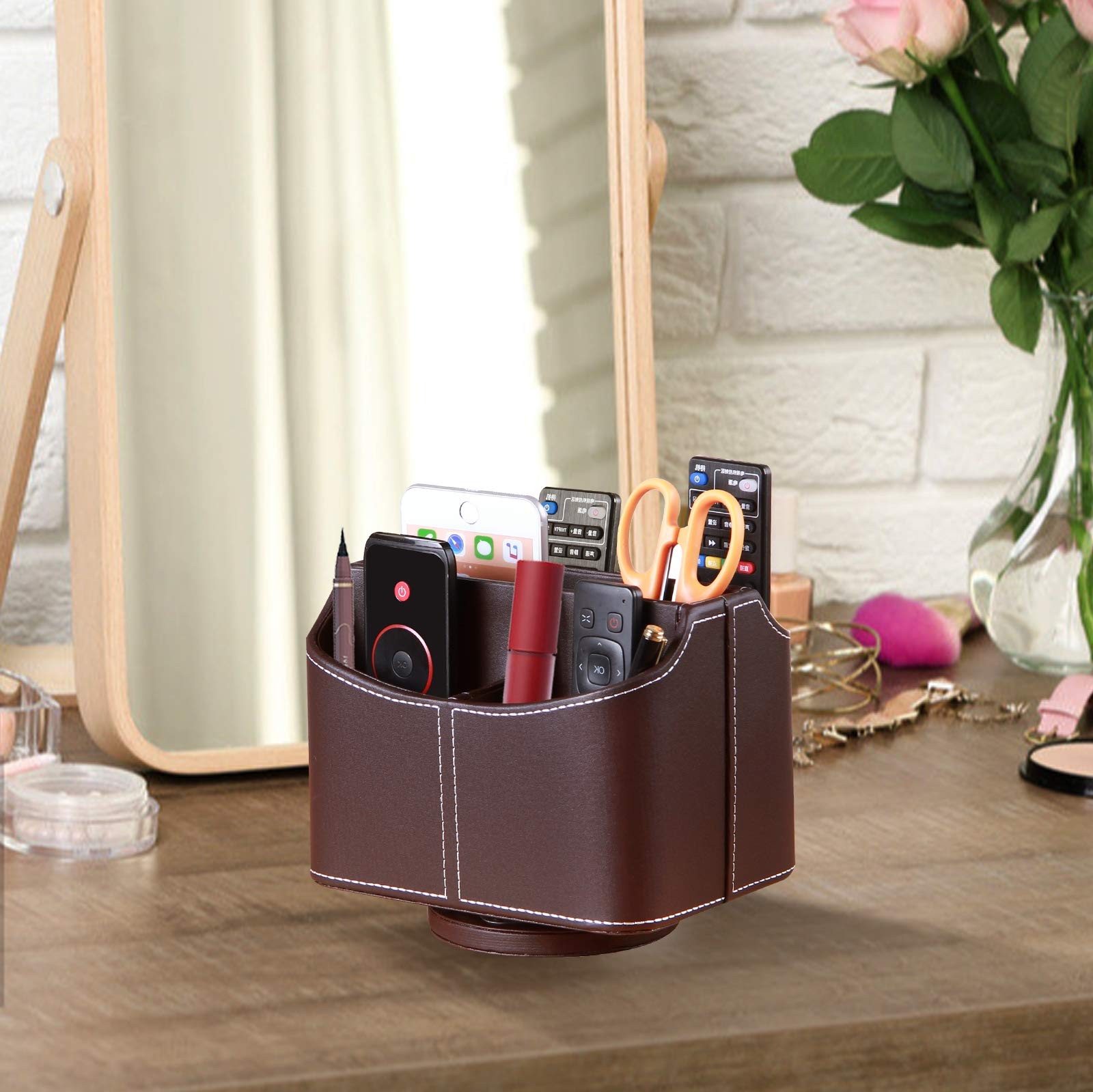 Leather 360 Spinning Desk TV Remote Control Holder Pencil Storage Caddy Box