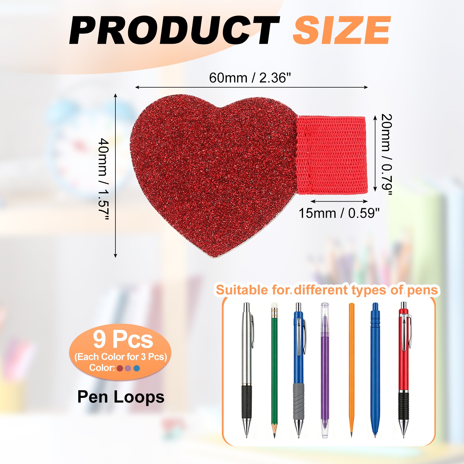 9 Pack Pen Loop Holder, Self-Adhesive Pencil Holder, Purple/Blue/Red