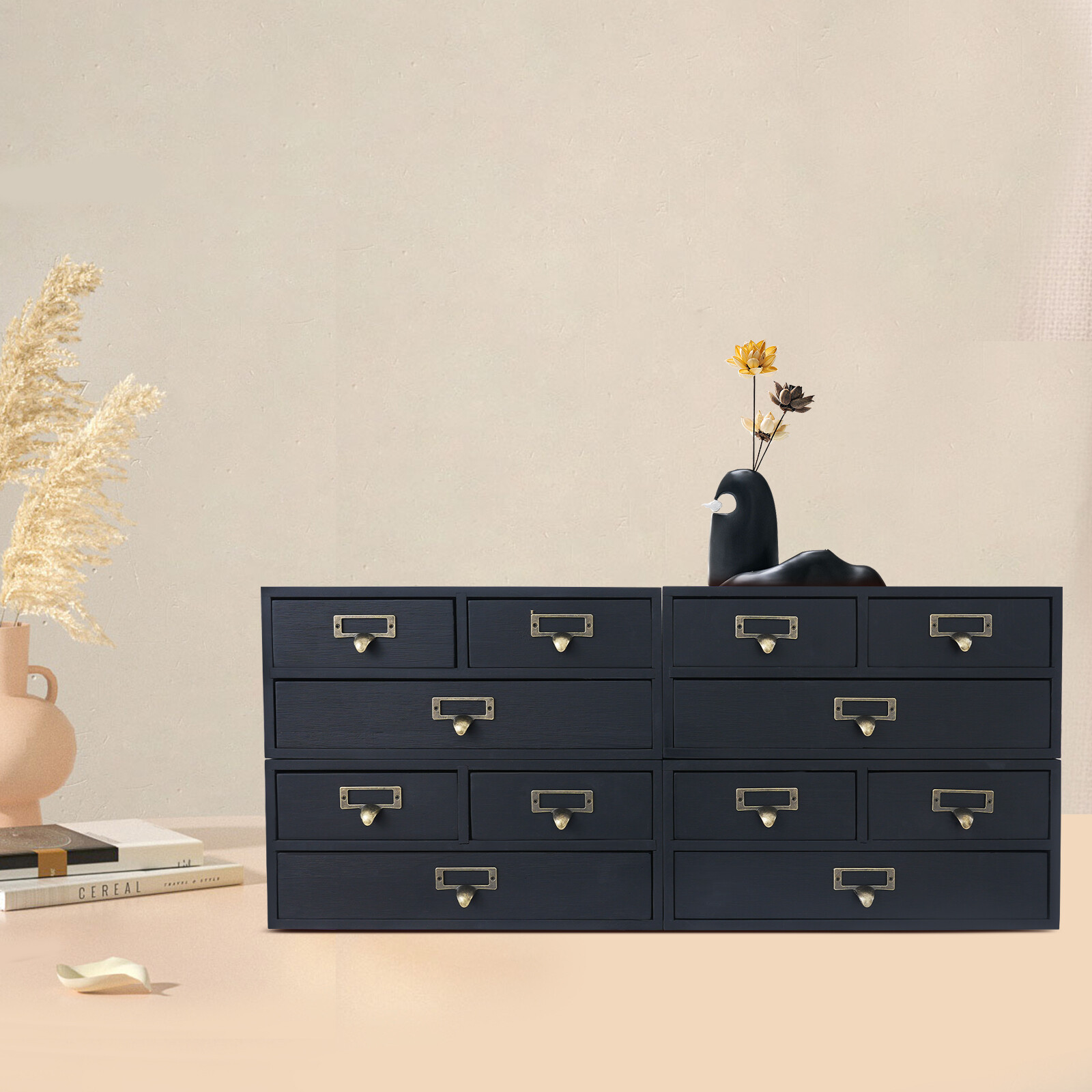 4 Pack 3 Drawer Wooden Desktop Organizer Drawer Storage Box For Tabletop- Black