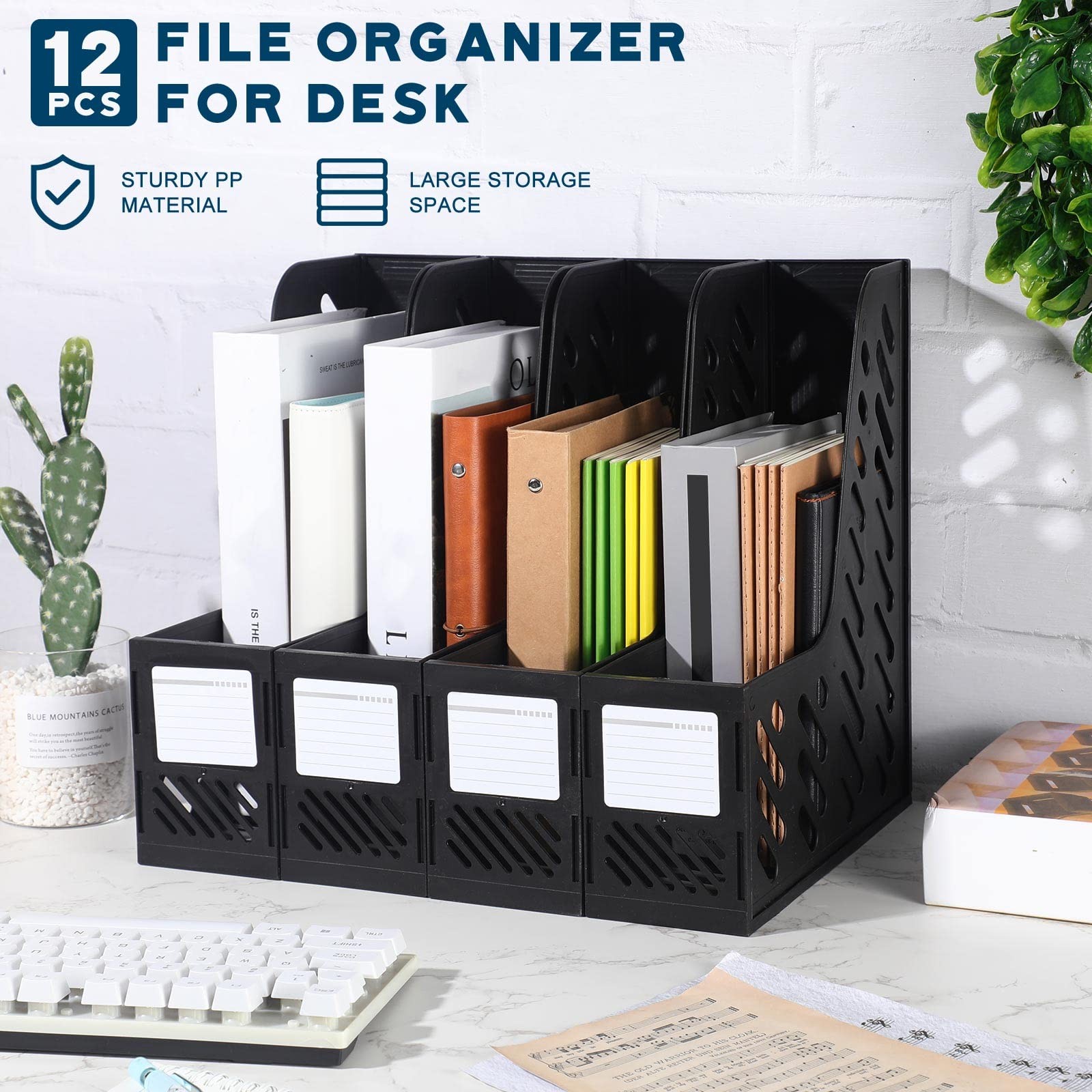 12 PCS Black Plastic Vertical File Holder Magazine Rack Desk Organizer