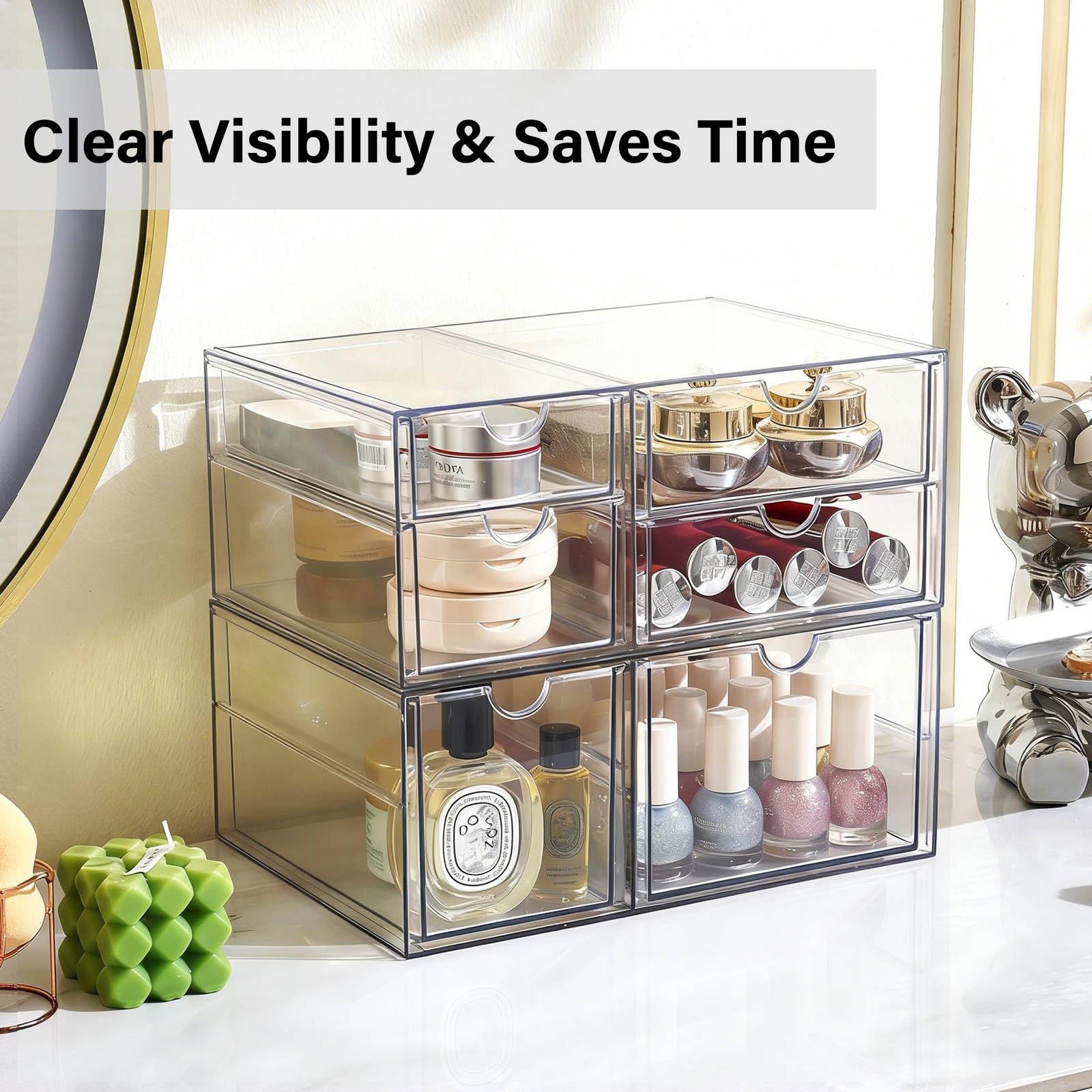 Prsildan Acrylic Makeup Organizer Clear Storage Drawer with 6 Small Drawers