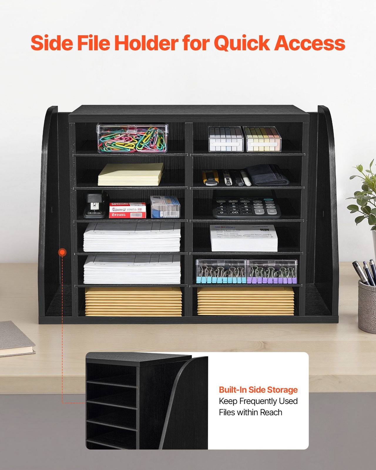 Desktop Literature Organizer – 12 Slot Wooden Sorter, Side Storage, Black Finish