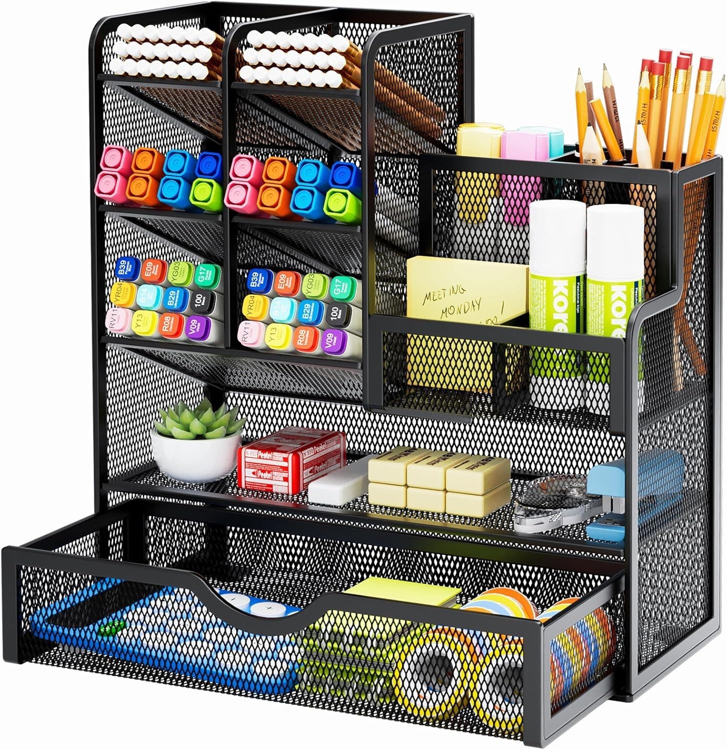 Black Rectangular Desk Organizer with Drawer – Perfect for Stationery & Crafts
