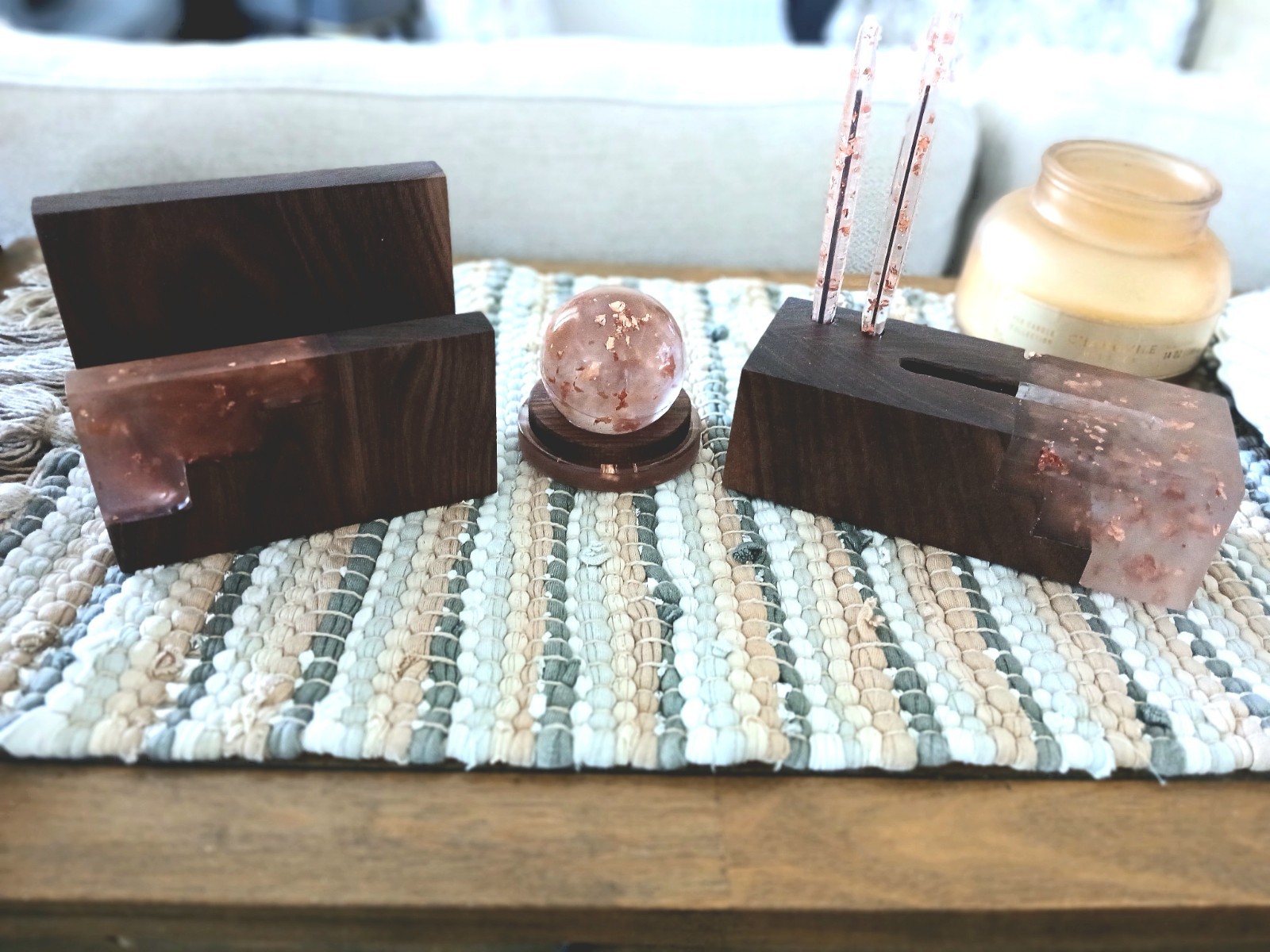 New HANDCRAFTED Resin & Wood DESK ACCESSORY SET Business Card Holder Executive