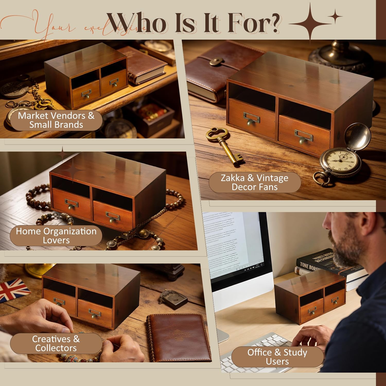4-Pack Wide Wooden Desktop Drawer Organizer with Brass Label Holders – Horizo…
