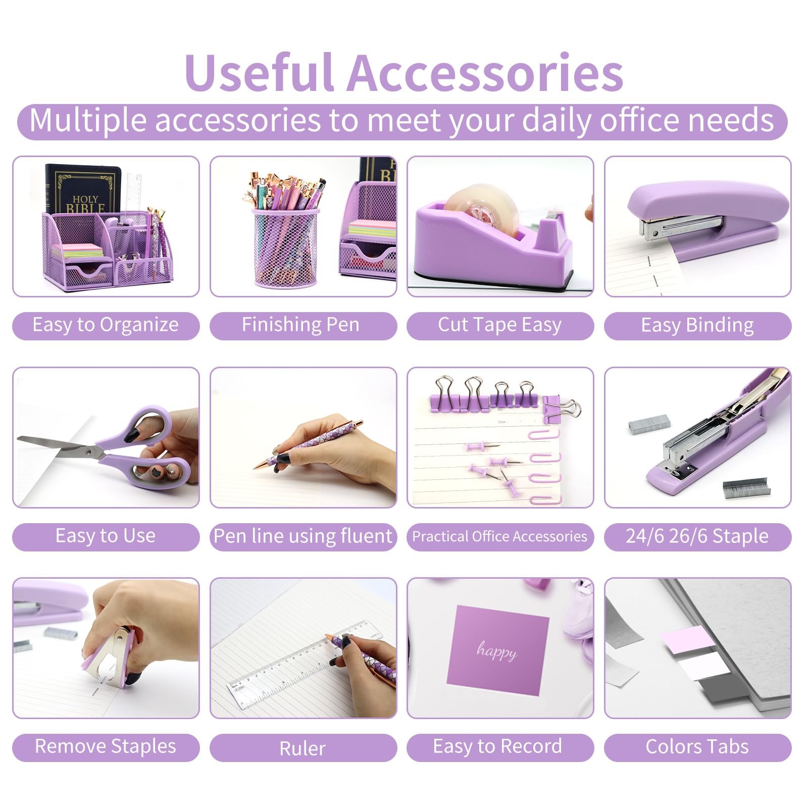 Purple Desk Organizers and Accessories,12pcs Office Accessories