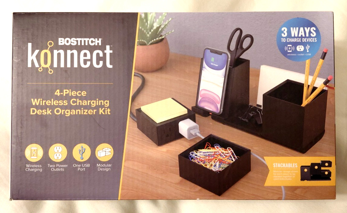 Bostitch Konnect 4pc Wireless Charging Desk Organizer Black NEW