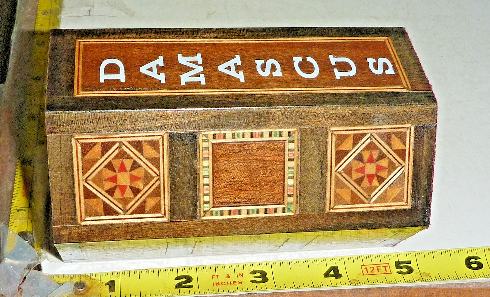 Vtg Inlaid Wood DAMASCUS Hexagonal Pencil Holder – Felt Lined ~4½” H