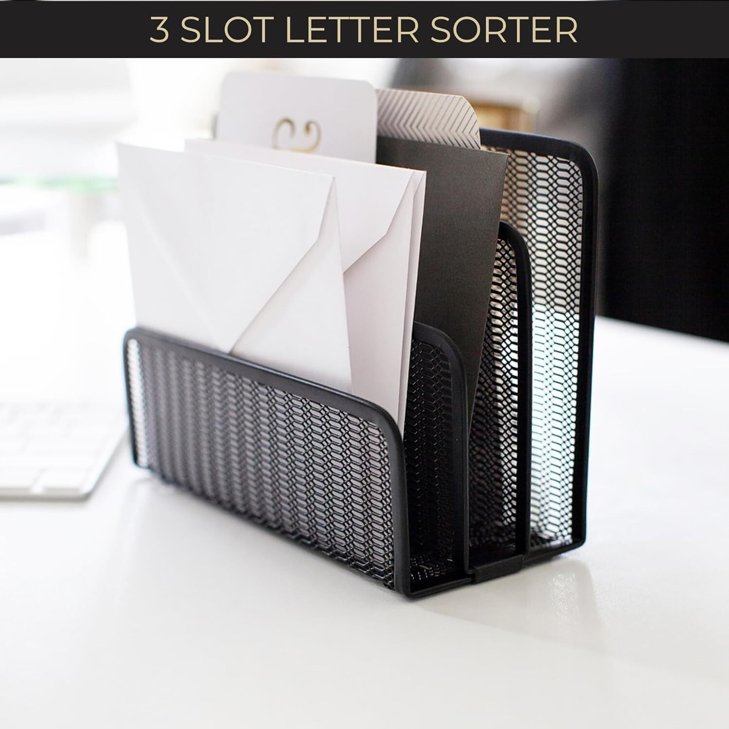 BLU MONACO Black Metal Mesh Letter Sorter – 3-Slot Mail Organizer for Desk.. SH3