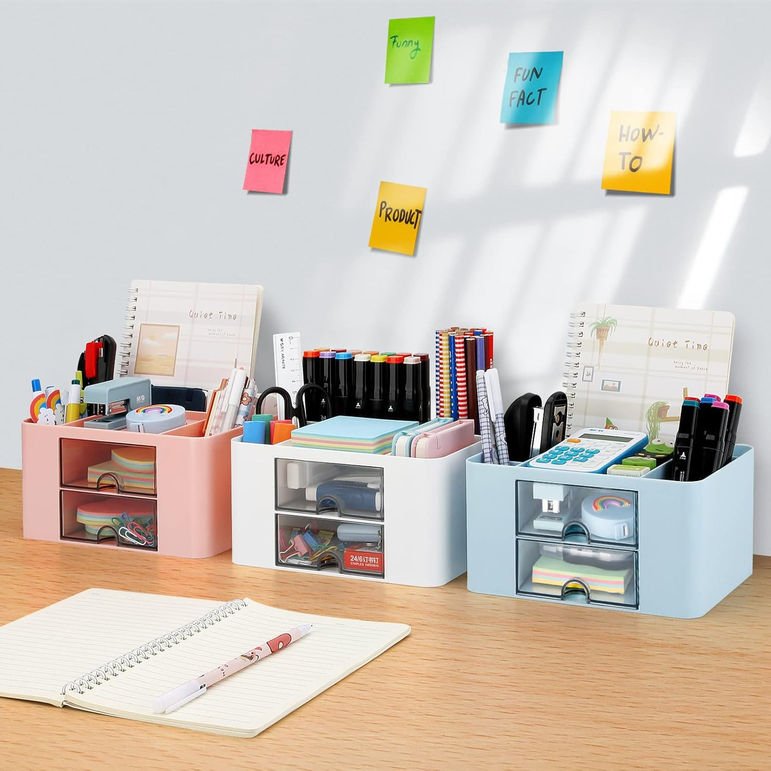 Desk Organizer with 2 Drawer, Plastic Desktop Pen Pencil Card Holder Storage Box