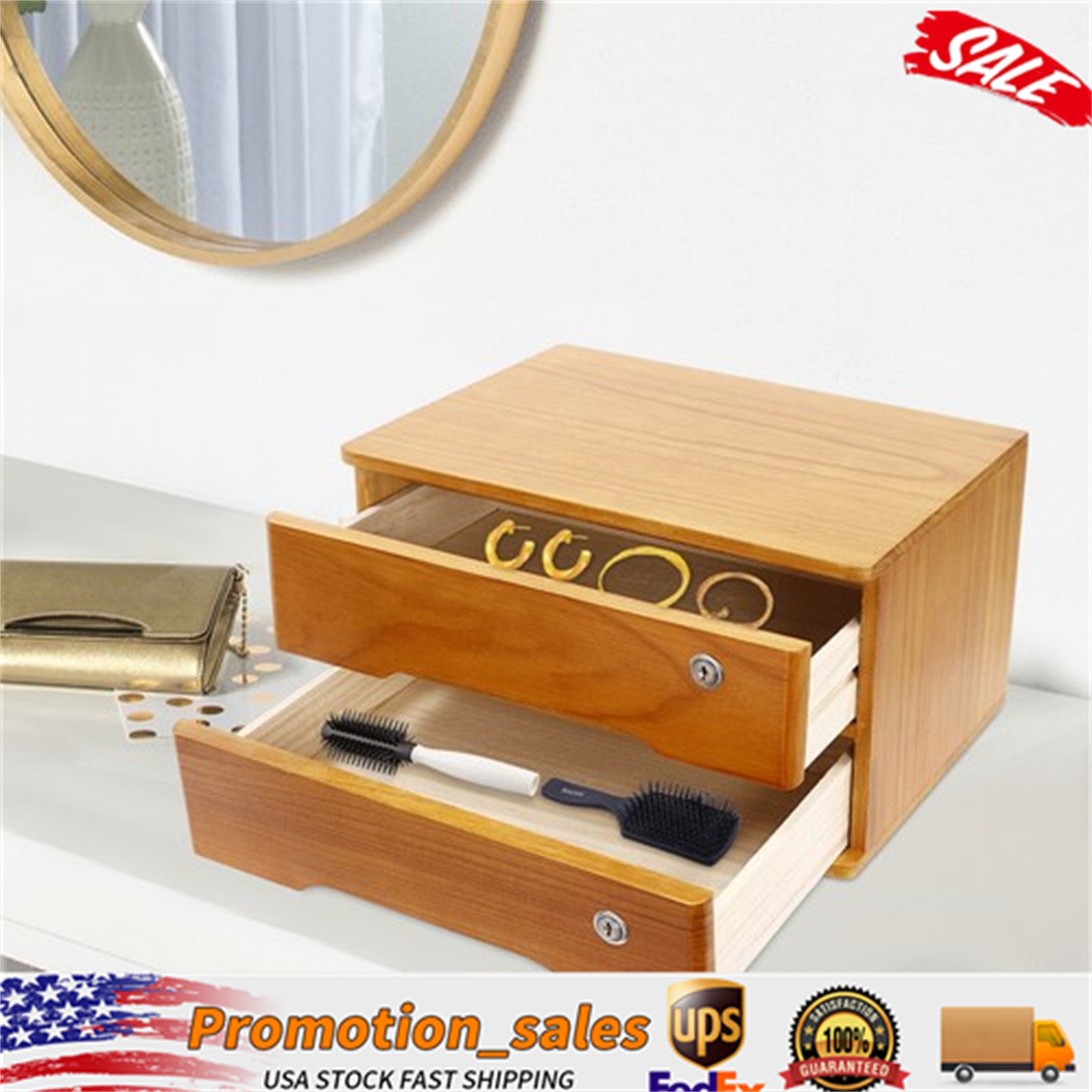 Retro Wooden Desktop Storage Box 2-Tier Desk Organizer w/ Lockable Drawers