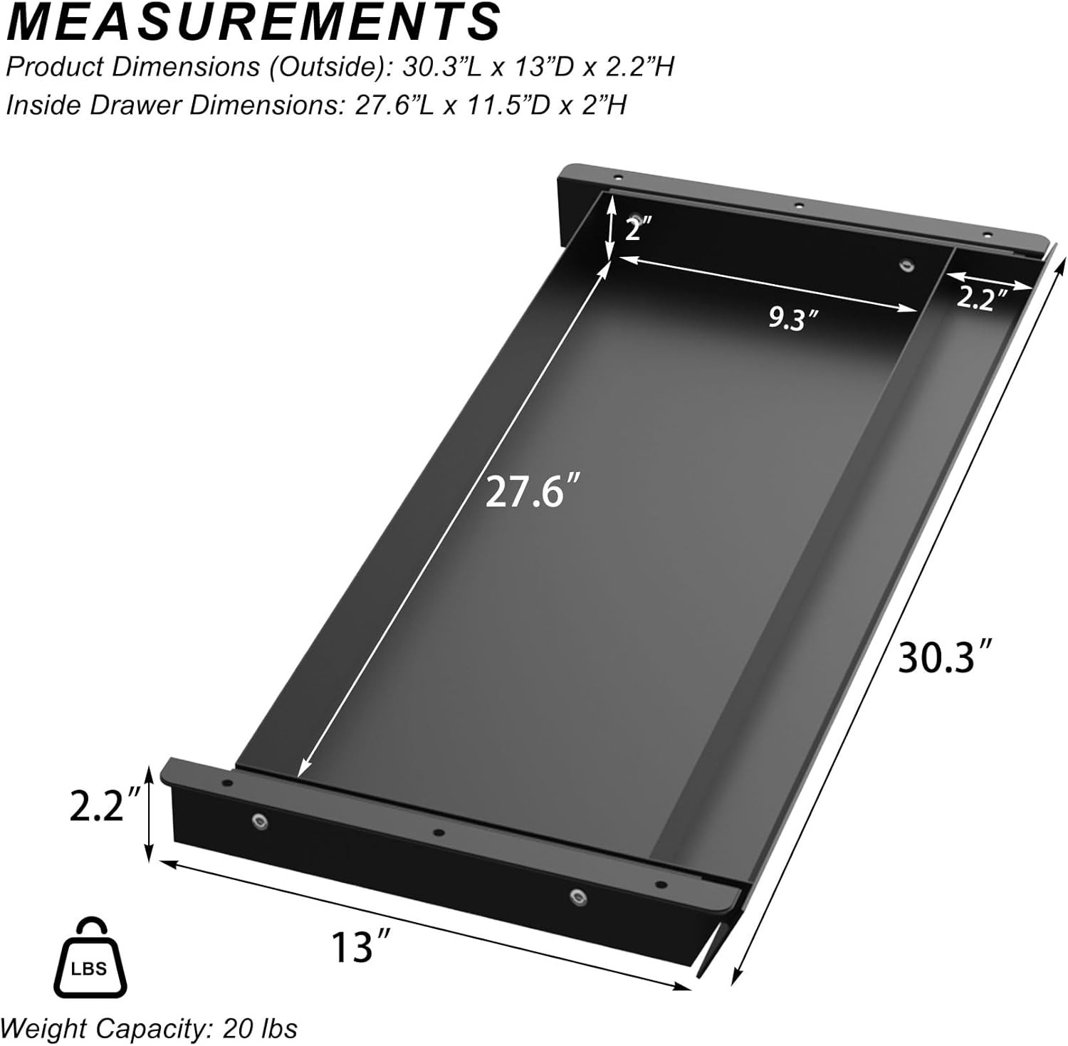 Large under Desk Mounted Sliding Drawer with Pencil Tray and 60 Degree Tilt Pane