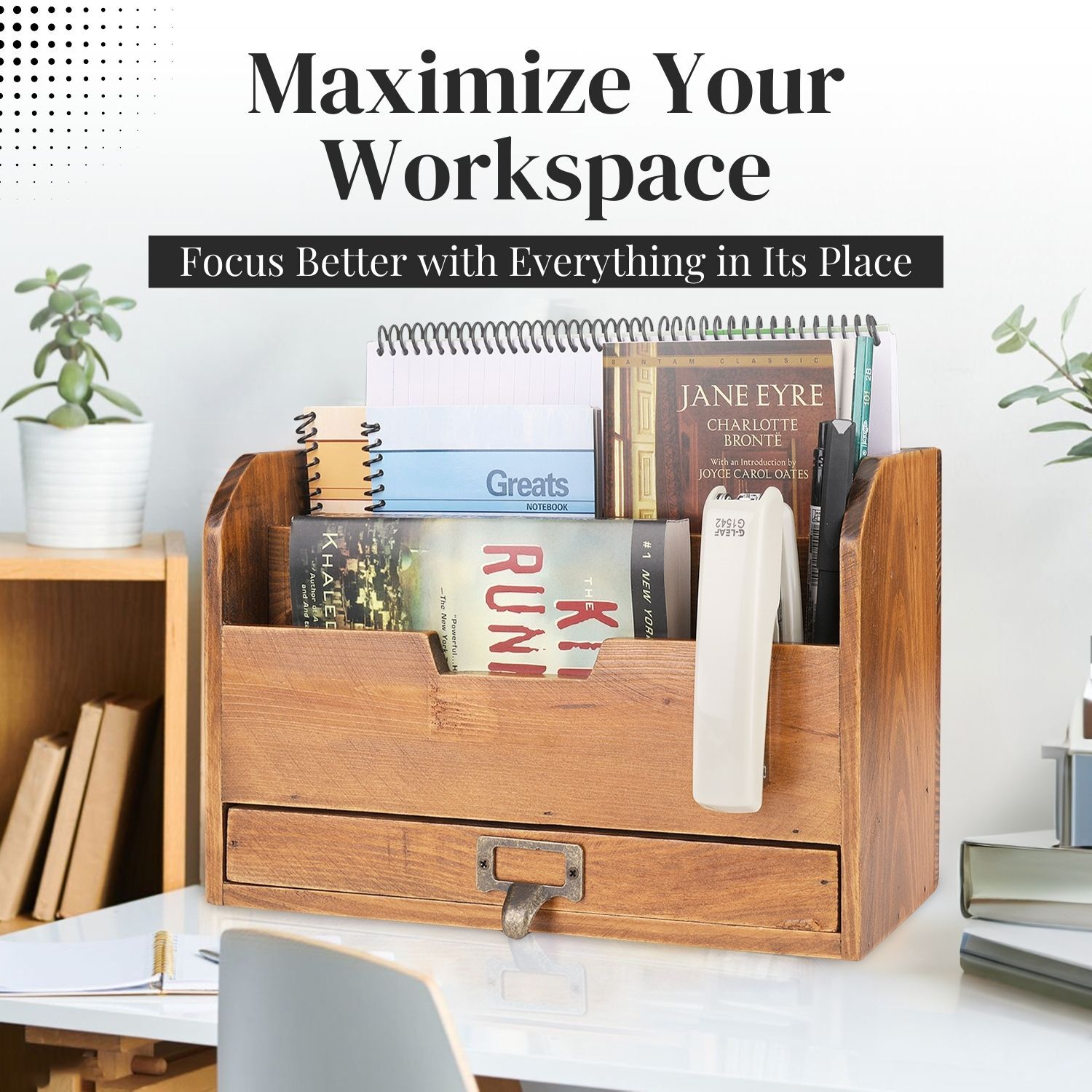 3 Tier Wooden Desk Organizer – Rustic Slot Sorter Shelf Holder with Drawer