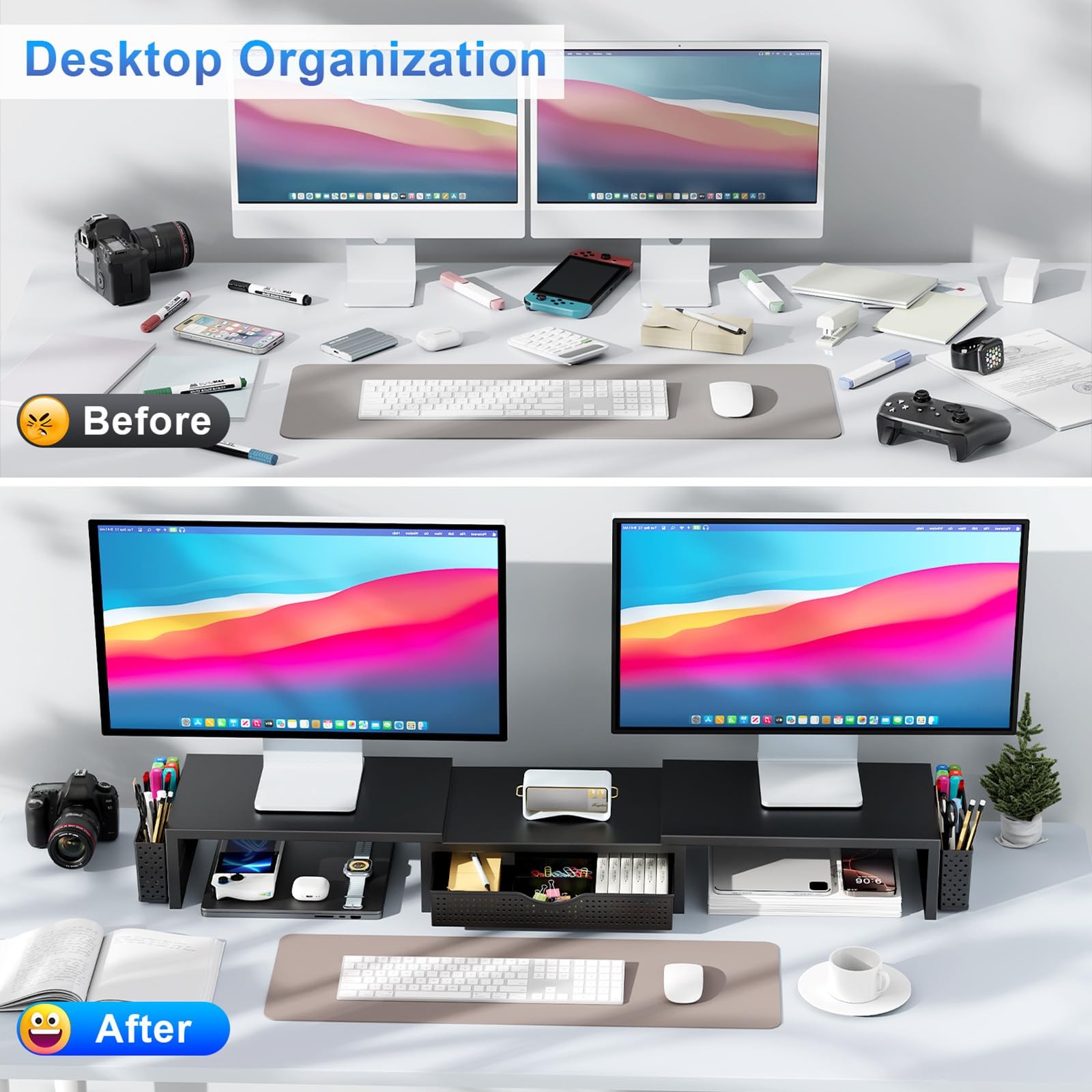gianotter Dual Monitor Stand Riser, Desk Organizer With Drawer and 2 Black