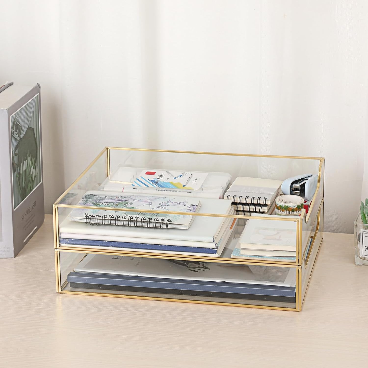 Golden Glass Desk Tray Set – Stylish Organizer for Home & Office Storage