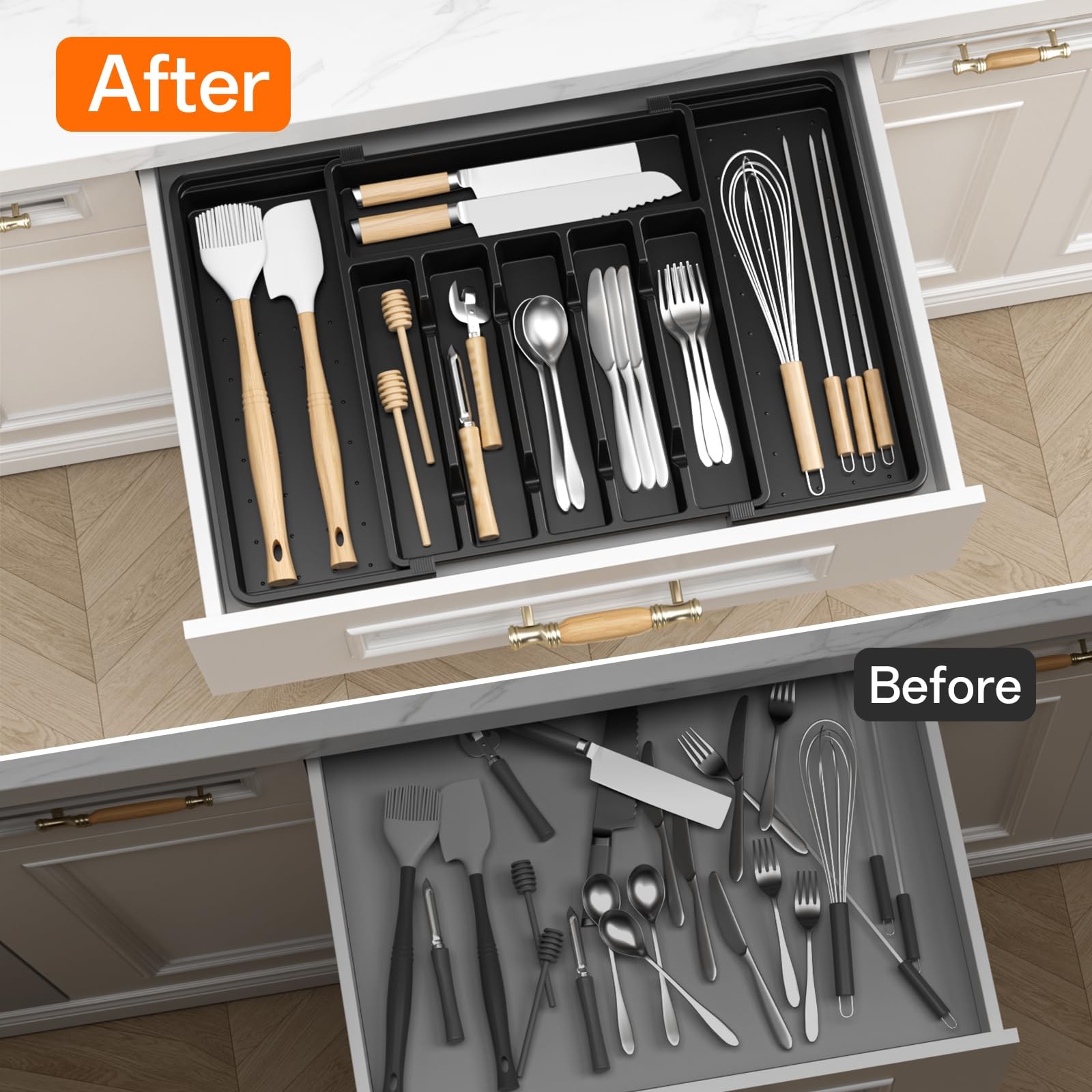 RoomHacks Large Silverware Organizer,Expandable Utensil Drawer Black