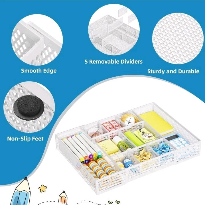 Expandable Desk Drawer Organizer Tray Mesh With 10 Adjustable Compartments White