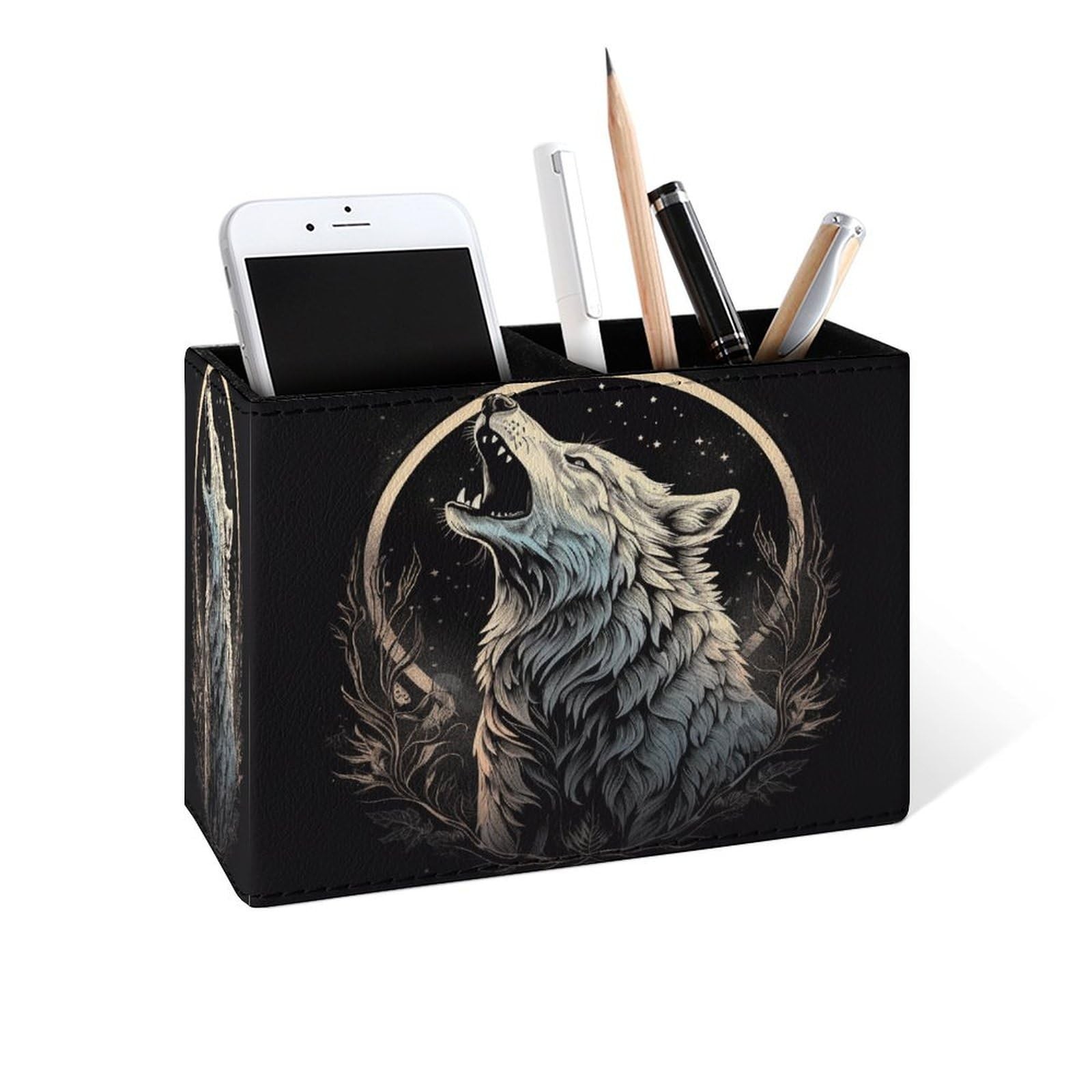 Howling Wolf Moon Pencil Holder for Desk, Leather Desktop Container Pen Cup S…