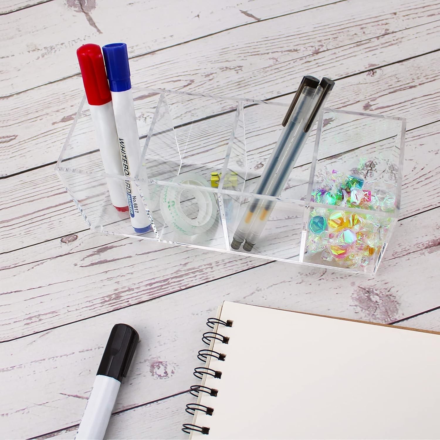 Extra Large Acrylic Pen Holder 4 Compartments,Clear Pen Holder Organizer Makeup