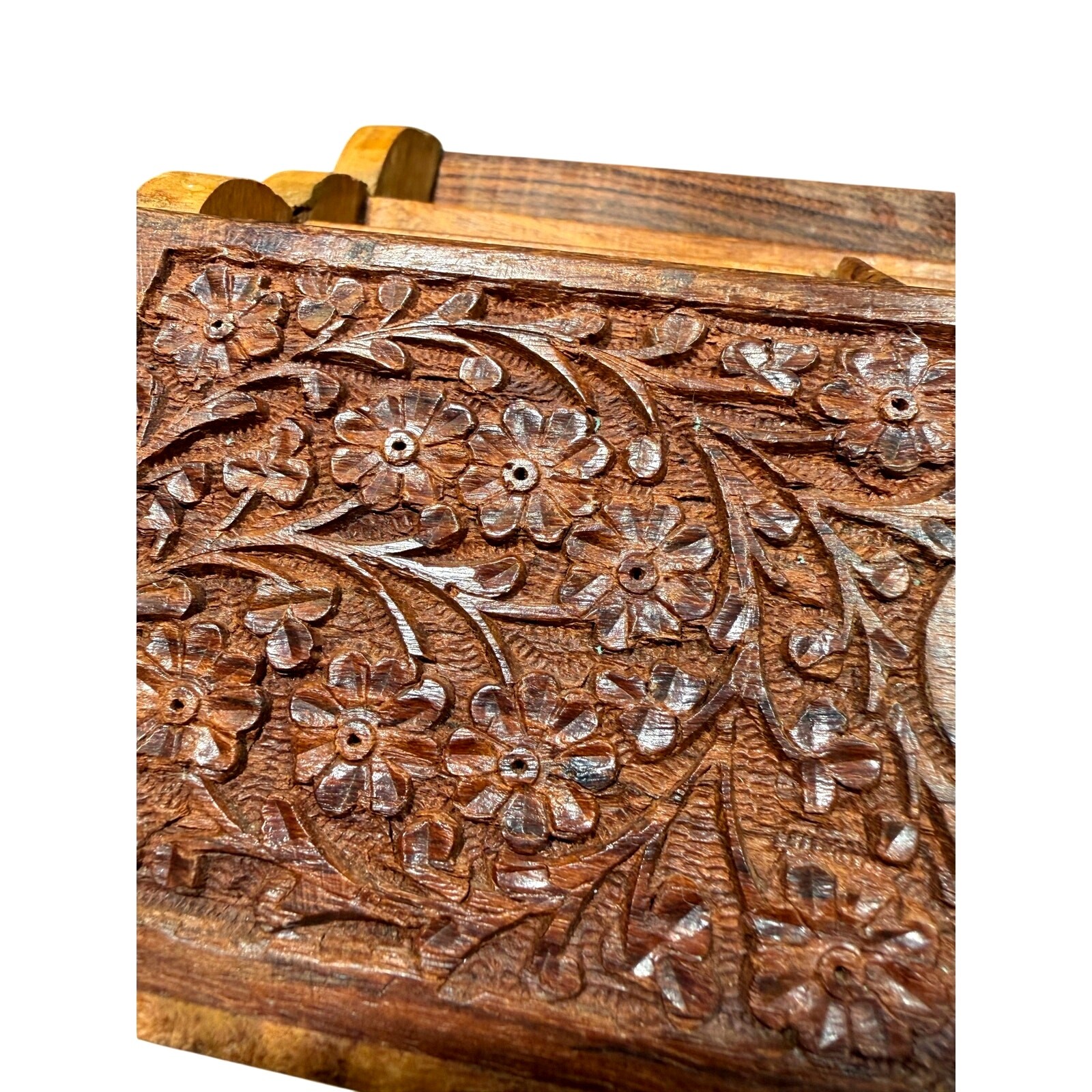 Vintage India Hand Carved Floral Wooden Mail Brass Inlay Organizer Letter Holder