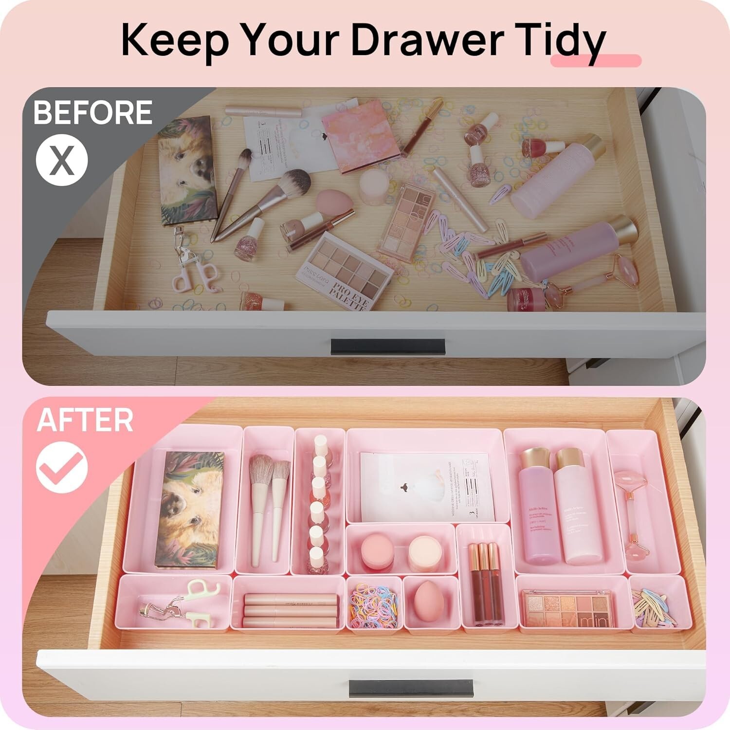 25 PCS Pink 4-Size Versatile Drawer Plastic Organizer Non-slip Storage Trays