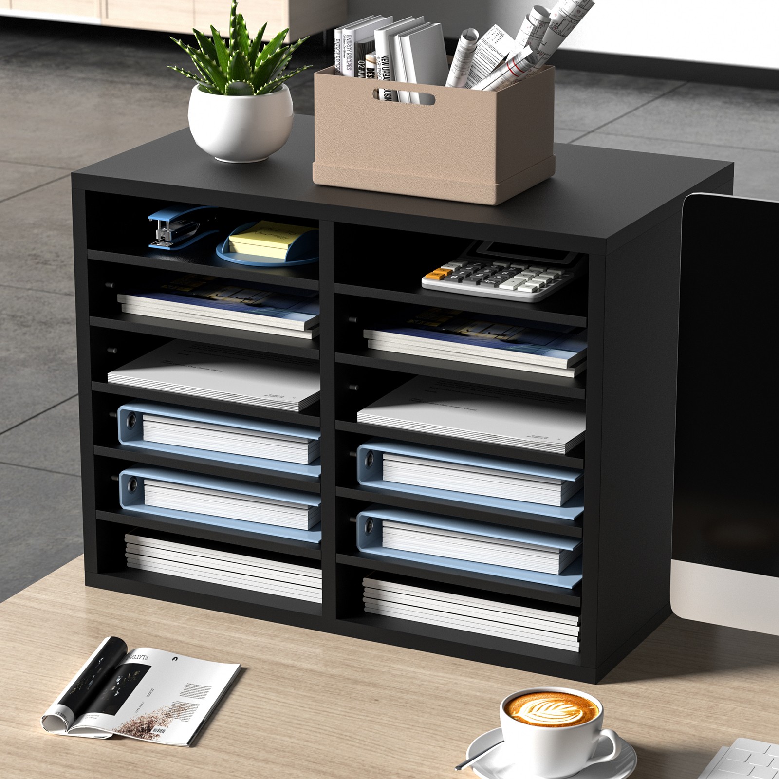 VEVOR Wood Literature Organizer Adjustable File Sorter 12 Compartments Black