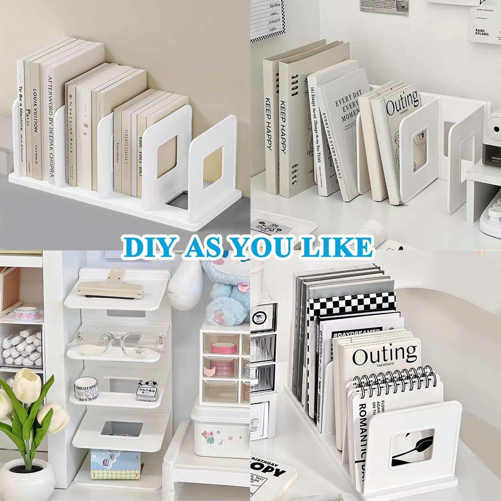 4 Section White File Sorter Plastic Adjustable Desktop Folder Organizer Rack