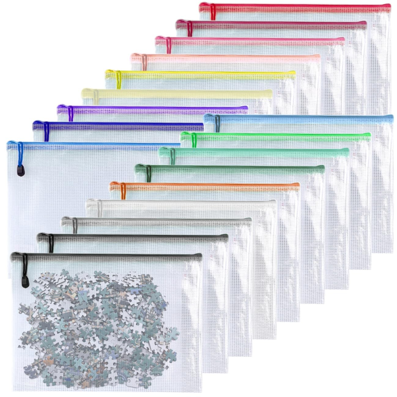 18 PCS 6×8 Inch Mesh Zipper Pouch Plastic Zip File Folders Puzzle Bags Multi