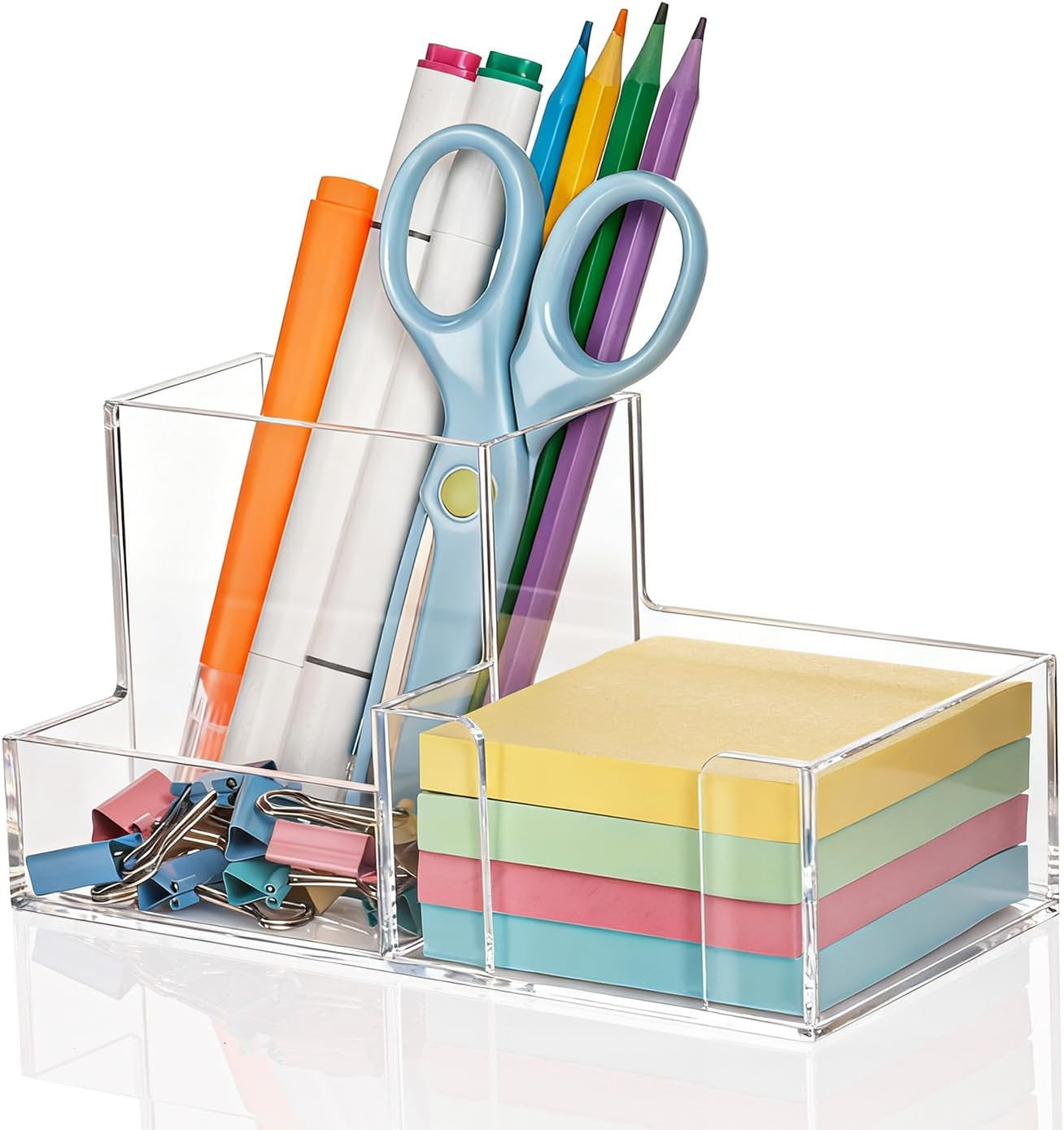 Pen Holder for Desk Clear Pencil Holder with Sticky Notes Holder Acrylic 3 Compa