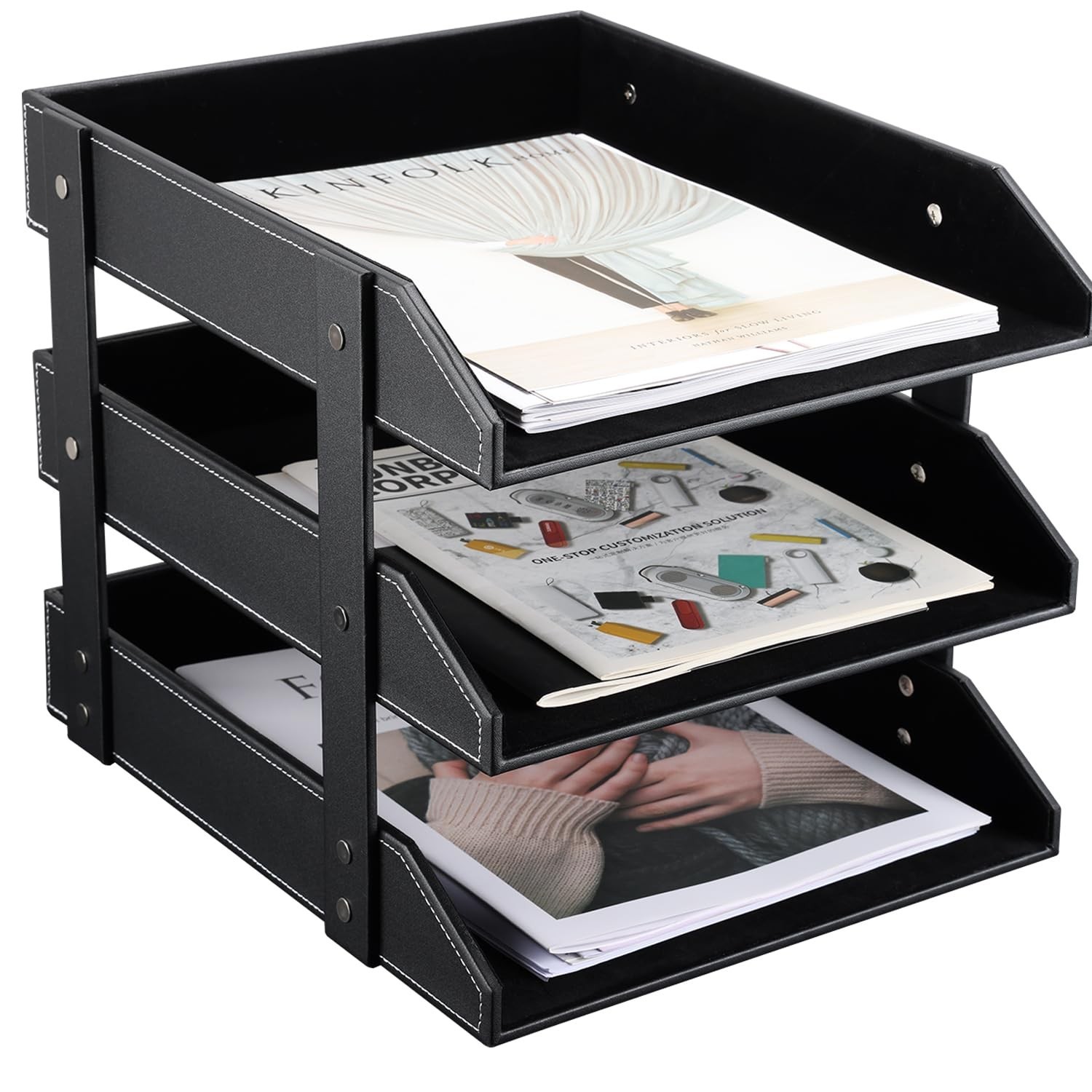 KINGFOM Letter Tray, Leather Paper Organizer Tray, Wooden Desk File Holder, D…