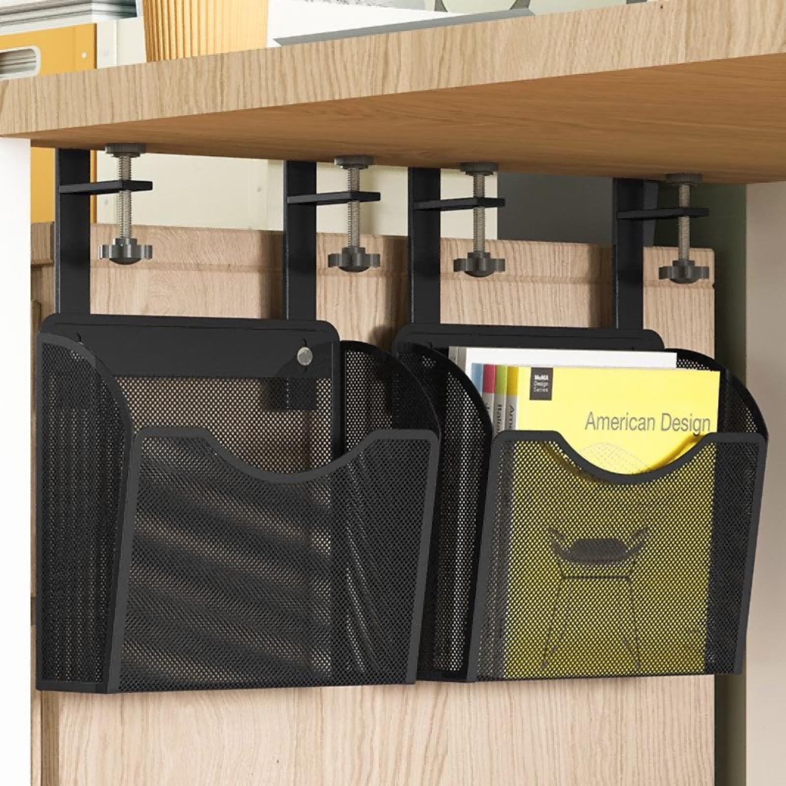 Under Desk Drawer Side Storage Hanging Clamp On Mesh Metal Organizer Black