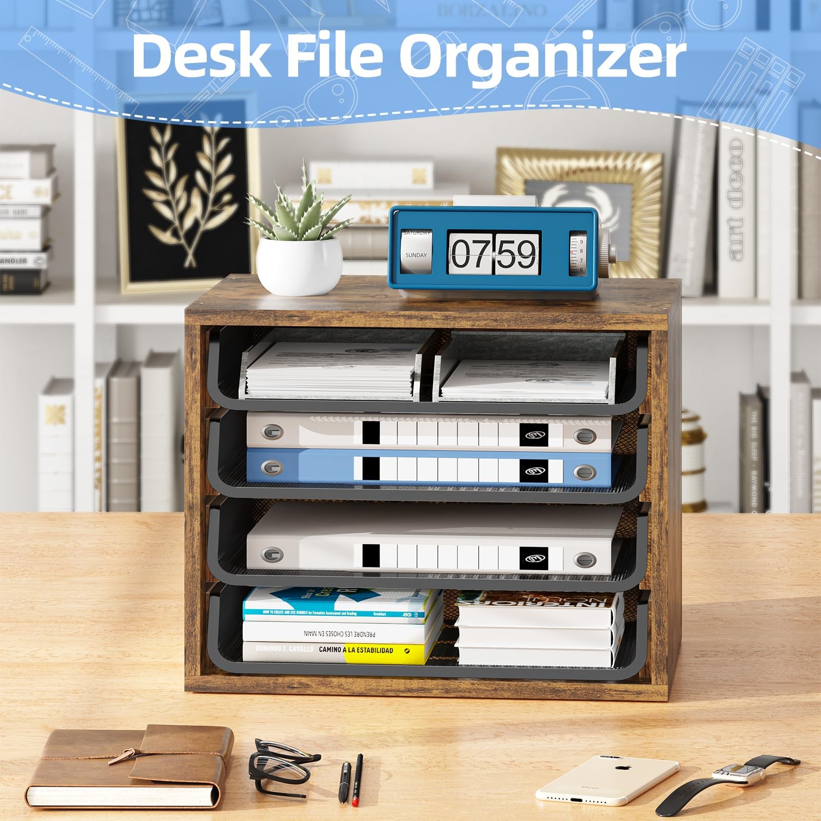 4~Tier Wooden Desk File Organizer with Letter Tray, Rustic Brown