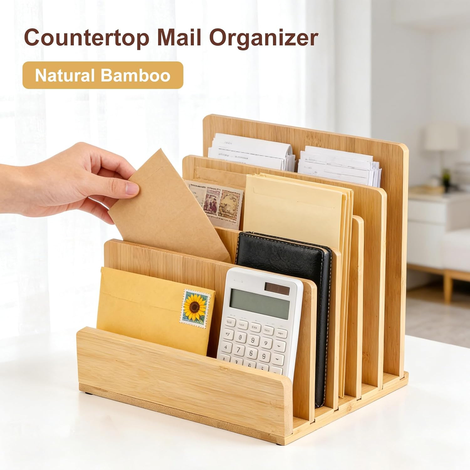 Bamboo Desk File Organizer, 5-Section Vertical Mail Sorter, Home Office Desktop