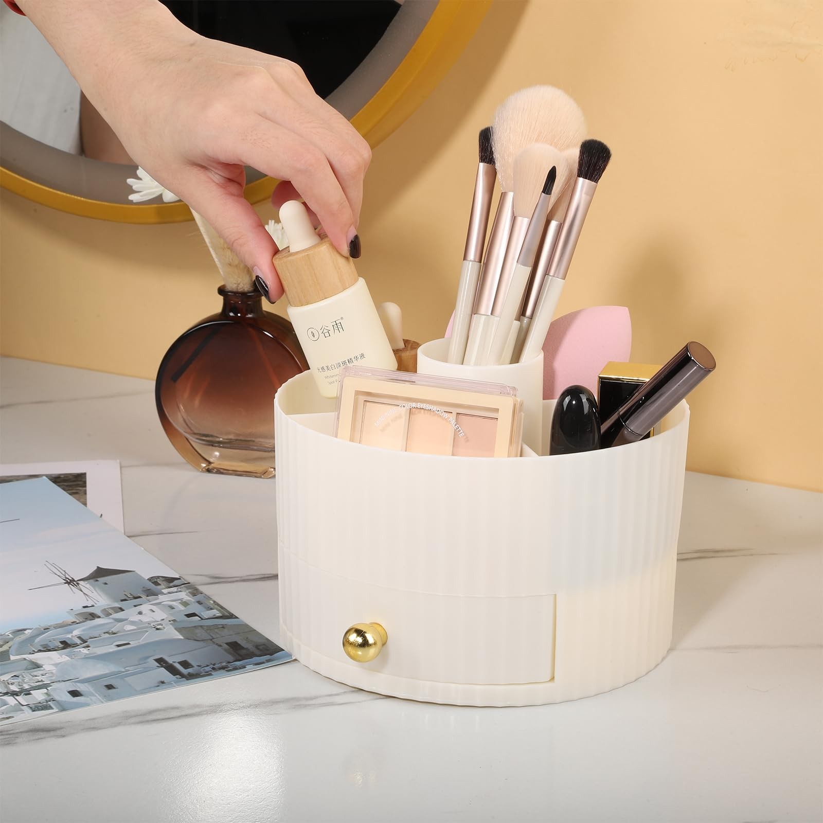 Makeup Brush Organizer Holder with 5 Slots and Drawer White