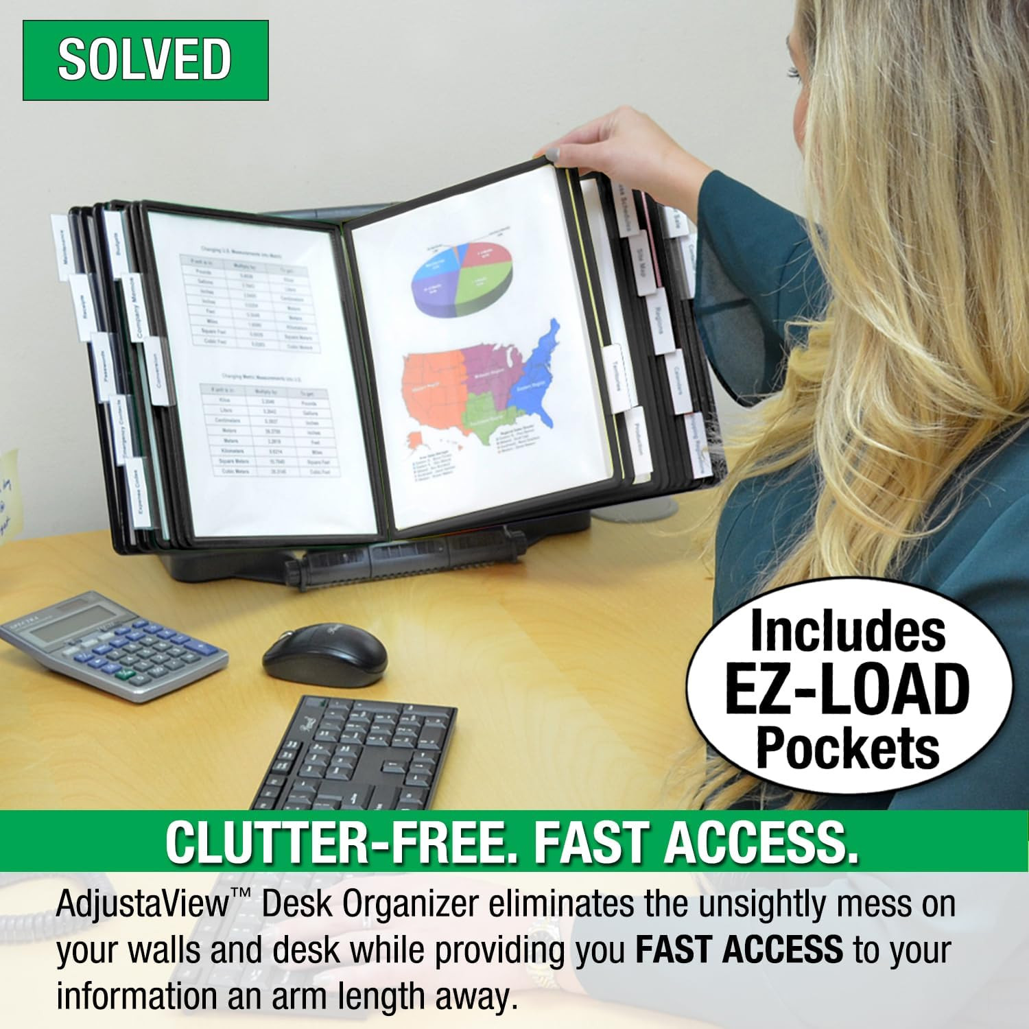 Adjustaview 20-Pocket Desk Reference Organizer with Easy-Load Pockets and Compac