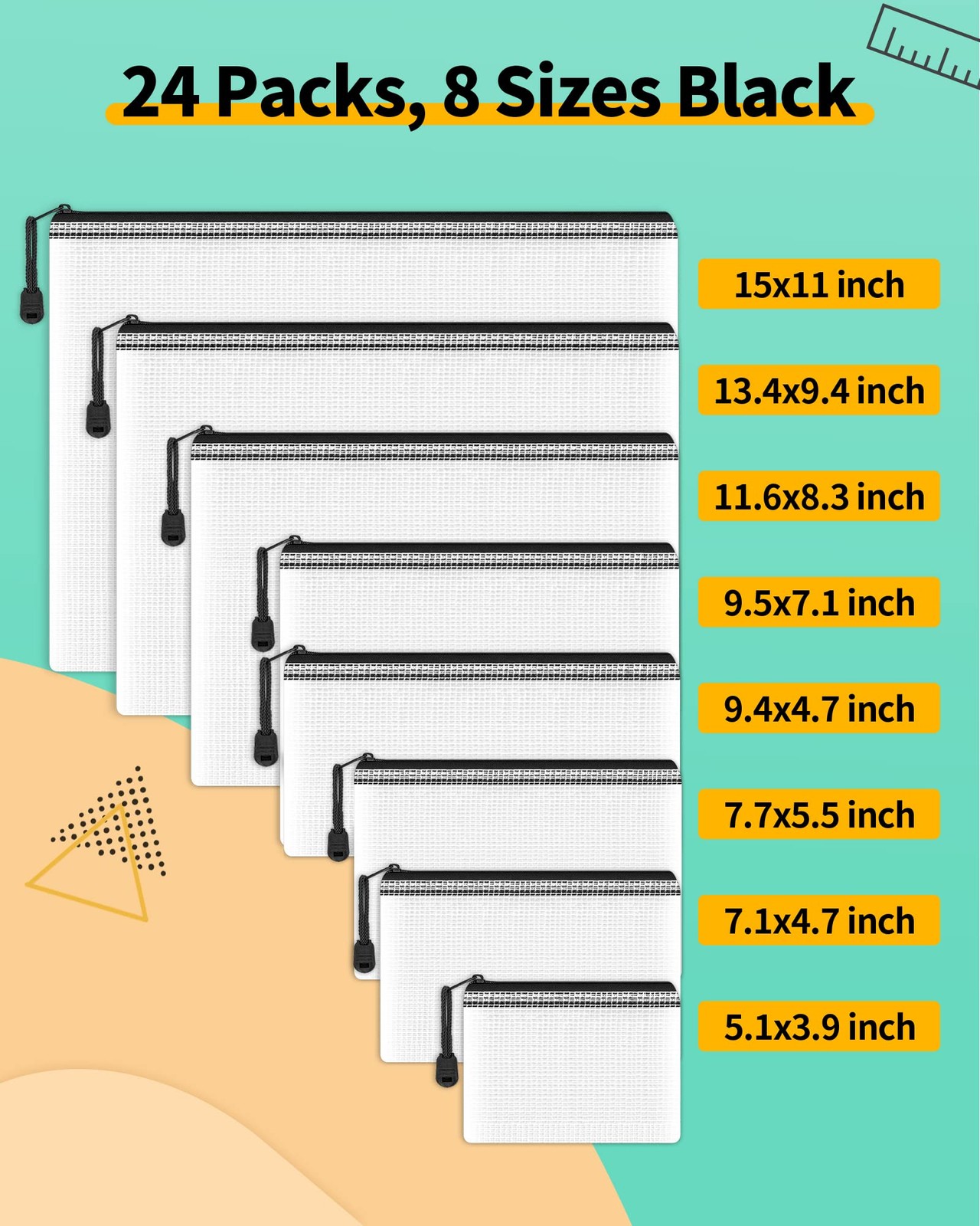 Smarpau 24 Pack 8 Sizes Black Mesh Zipper Pouches for Organizing, Multipurpos…