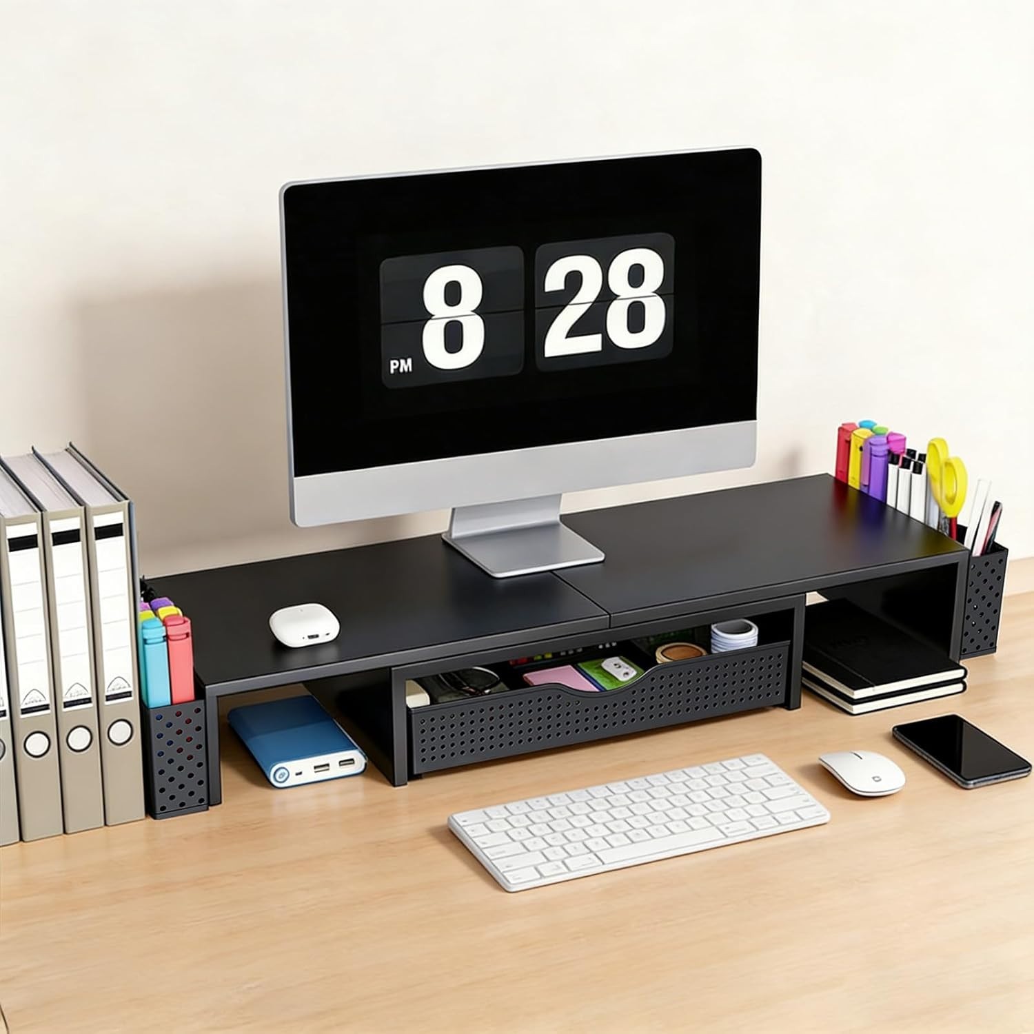 All-in-One Dual Monitor Stand Riser & Workspace Organizer – Black Metal Design
