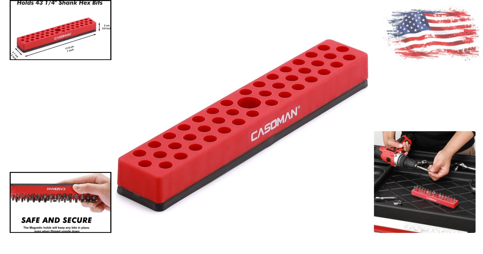 Durable 43-Hole Magnetic Bit Organizer for 1/4″ Hex Bits – Red, Impact Resistant