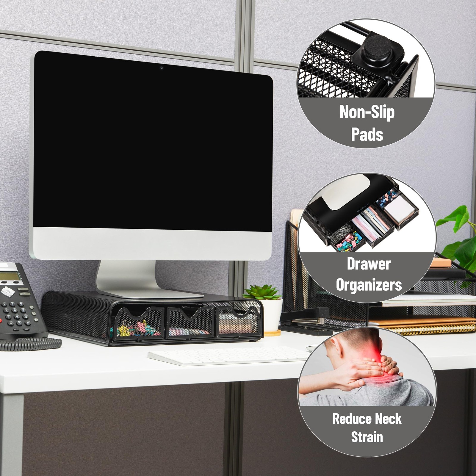 Mind Reader Monitor Stand Ventilated Laptop Riser Desktop Organizer Storage