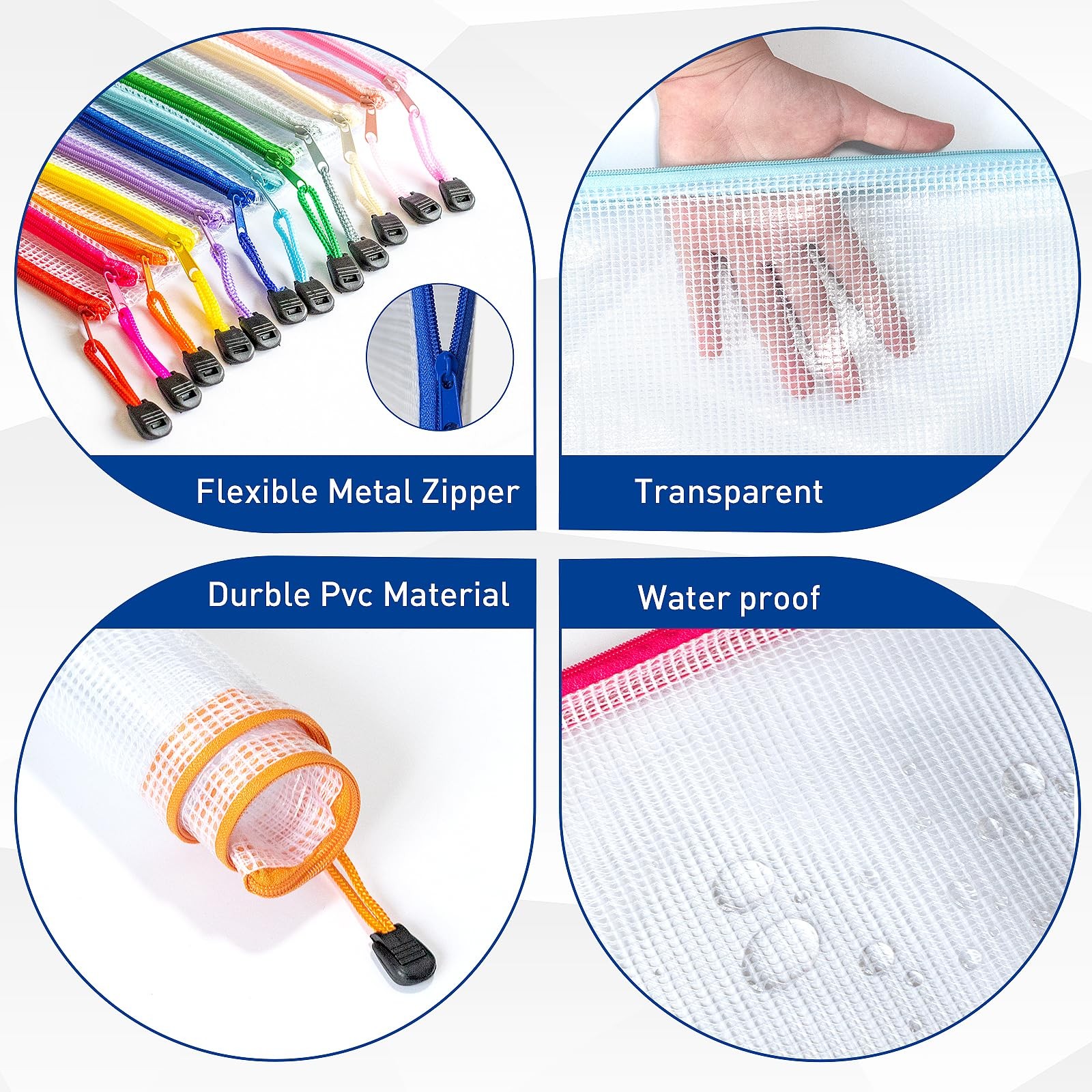 24 PCS Clear Zipper Pouches A4 Bag 12 Colors Letter Size Organizer Toy Mesh