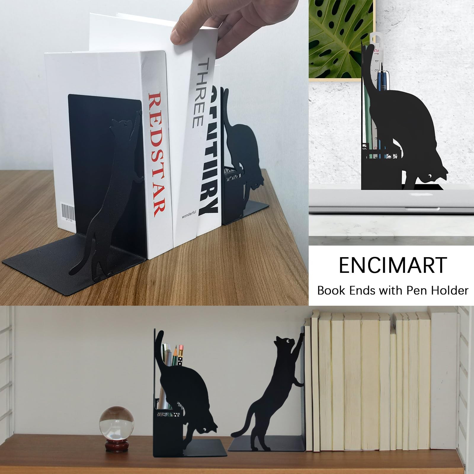 Cat Book Ends for Shelves, Metal Decorative with Pen Black