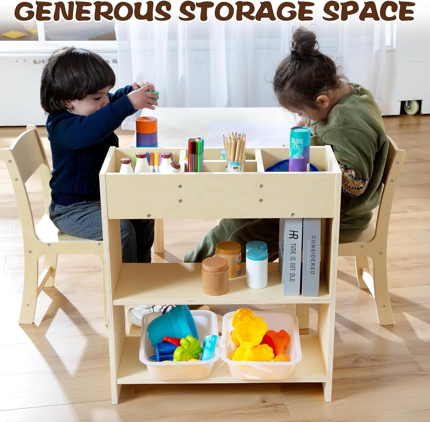 Kids Art Table and Chair Set, Birch Wooden Activity Craft Table, Kids