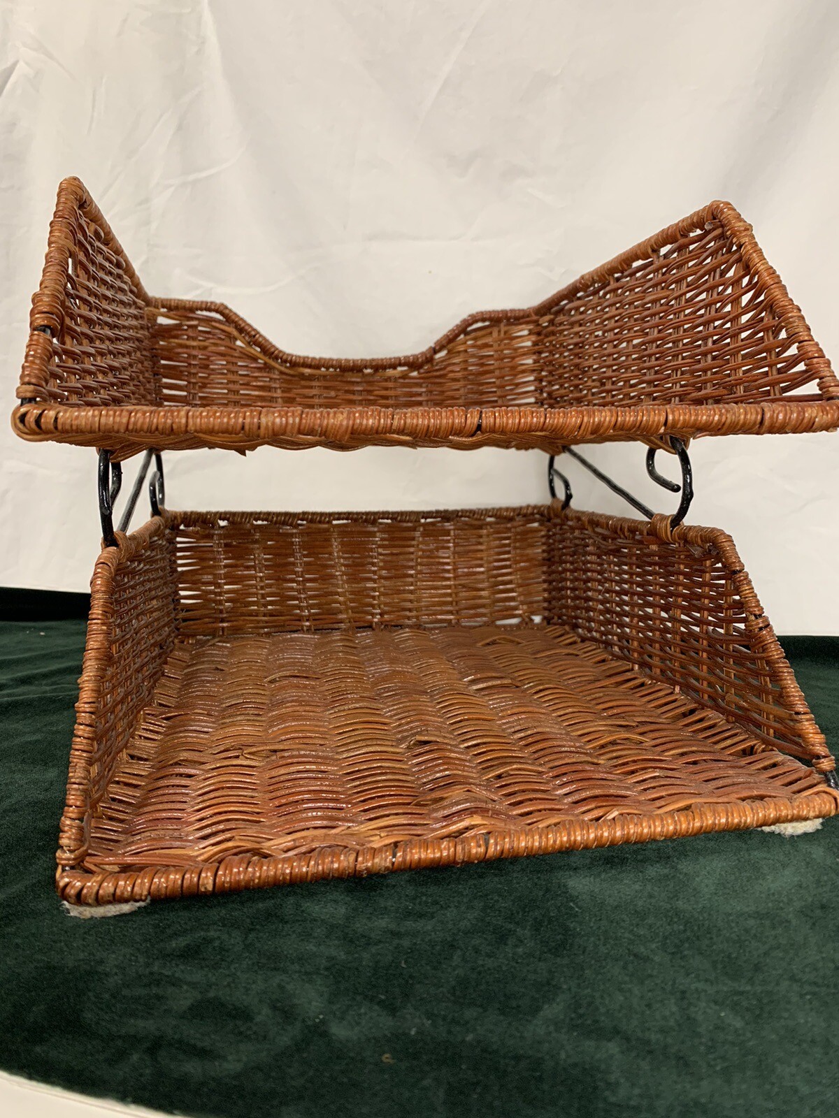 Wicker Desk Letter Paper Organizer Wire & Rattan Brown 2 Tier Double Tray Office