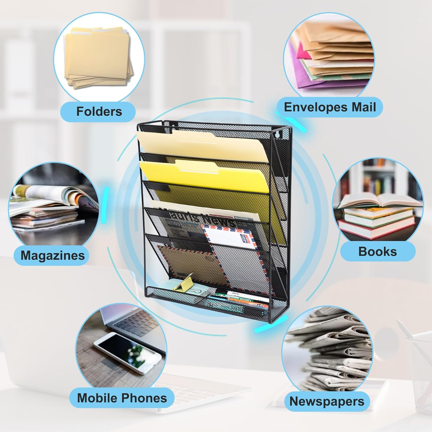 Magnetic File Organizer Mesh 6-Tier, Hanging Wall Mount File Organizer Vertical