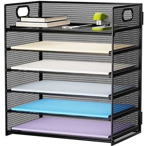 6 Tier Mesh Paper Organizer – Desk File Tray with Handle, A4 Letter Sorter – Bla