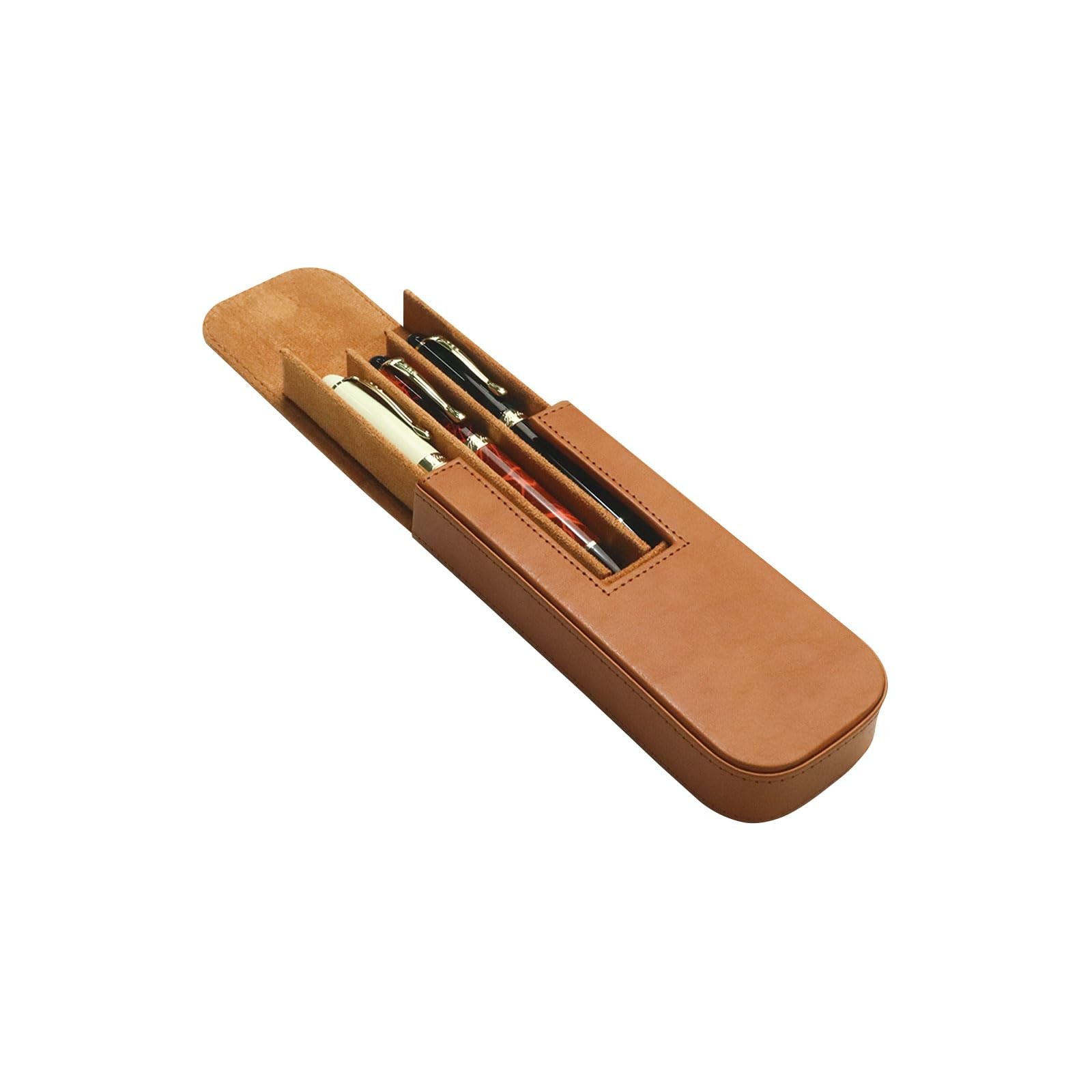MIVLXLX Brown Leather Triple Pen Case for Fountain, Ballpoint, Rollerball Pens